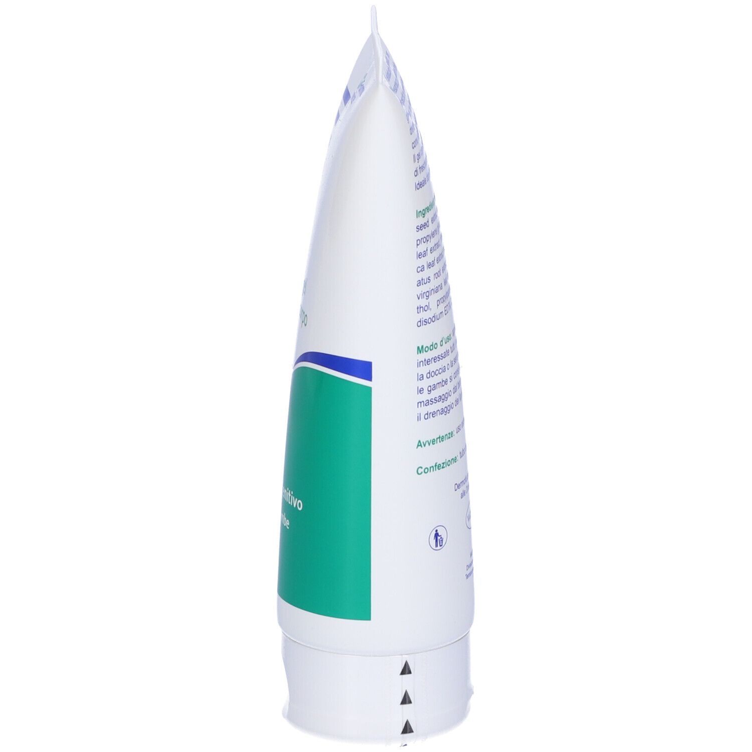 Vue latérale du gel. Contient le texte: Ingrédients, utilisation, 200 ml.