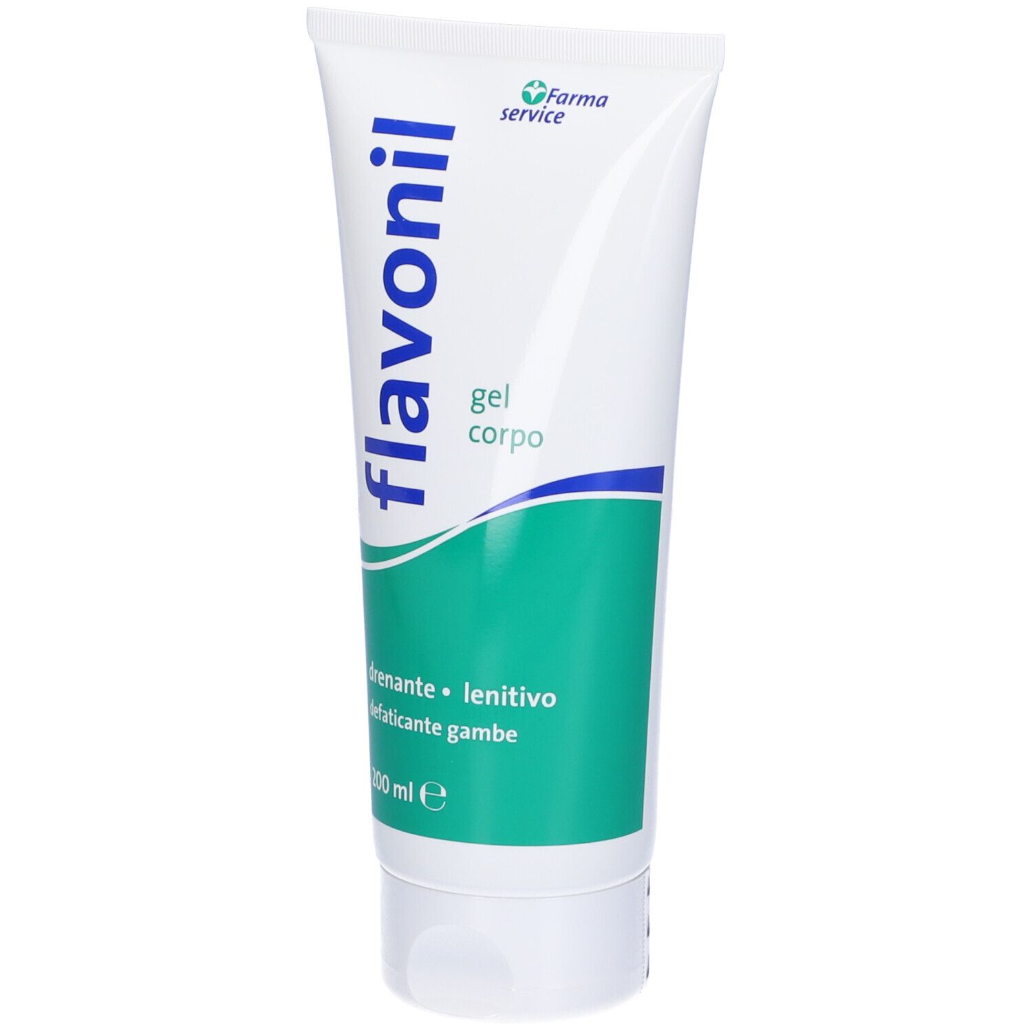 Gel blanc avec texte vert. Contient le texte: Flavonil, gel corpo, 200 ml.