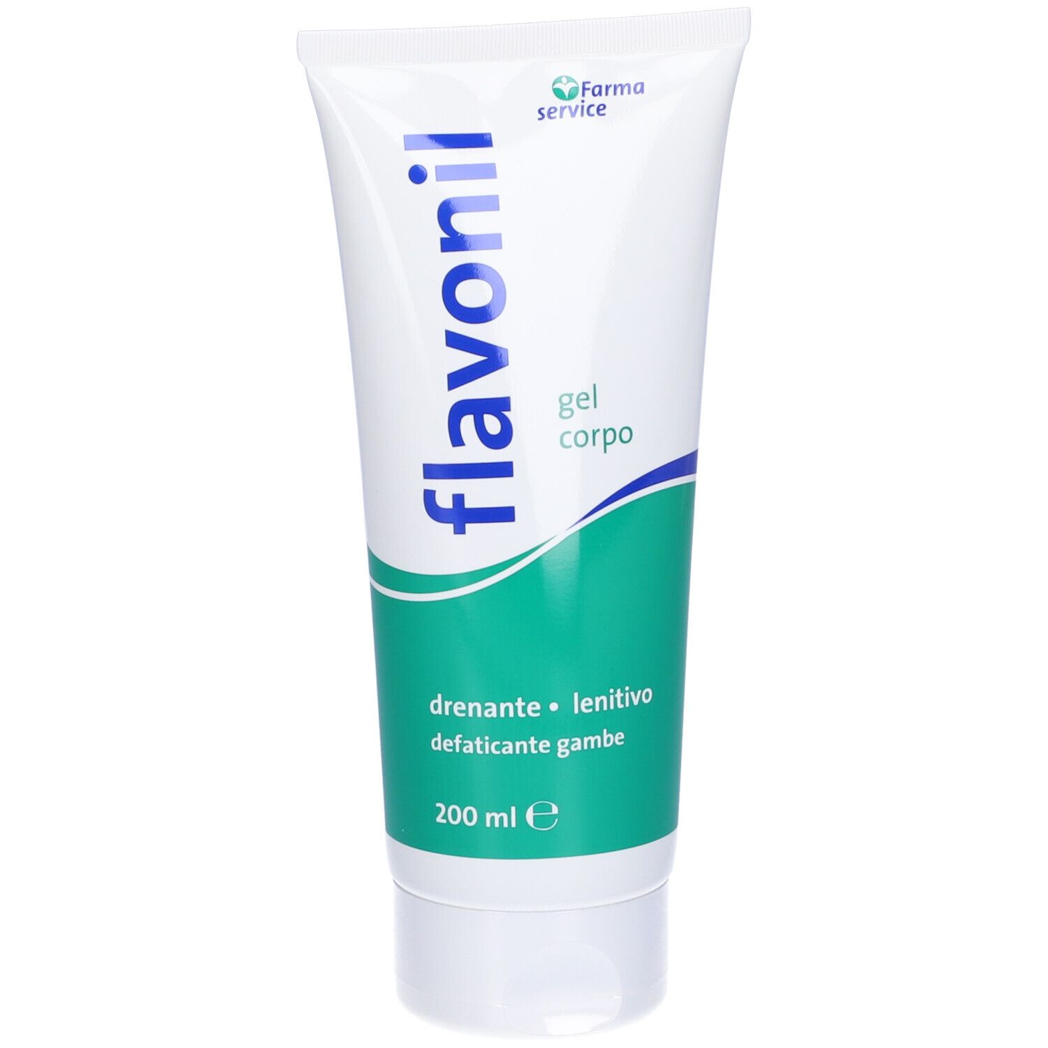 Gel blanc avec texte vert. Contient le texte: Flavonil, gel corpo, 200 ml.