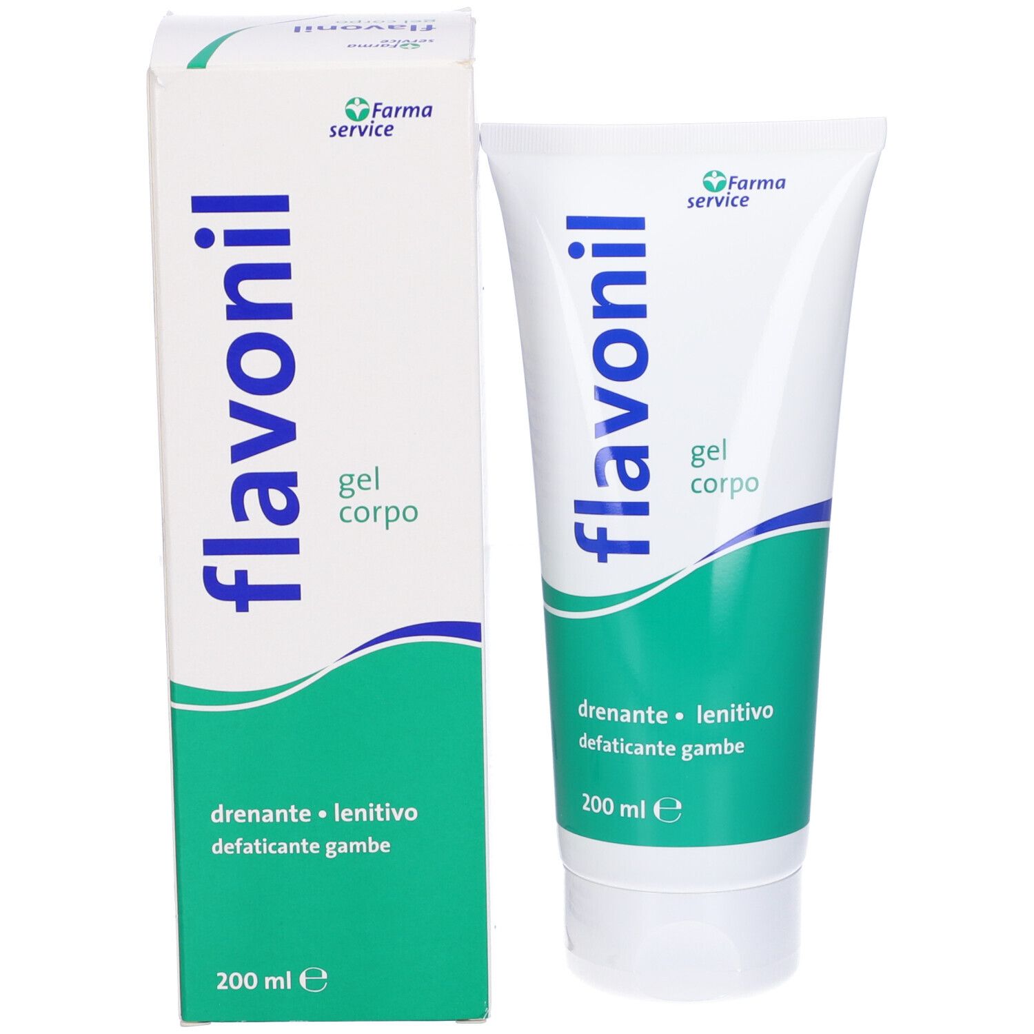 Gel blanc avec texte vert et emballage. Contient le texte: Flavonil, gel corpo, 200 ml.
