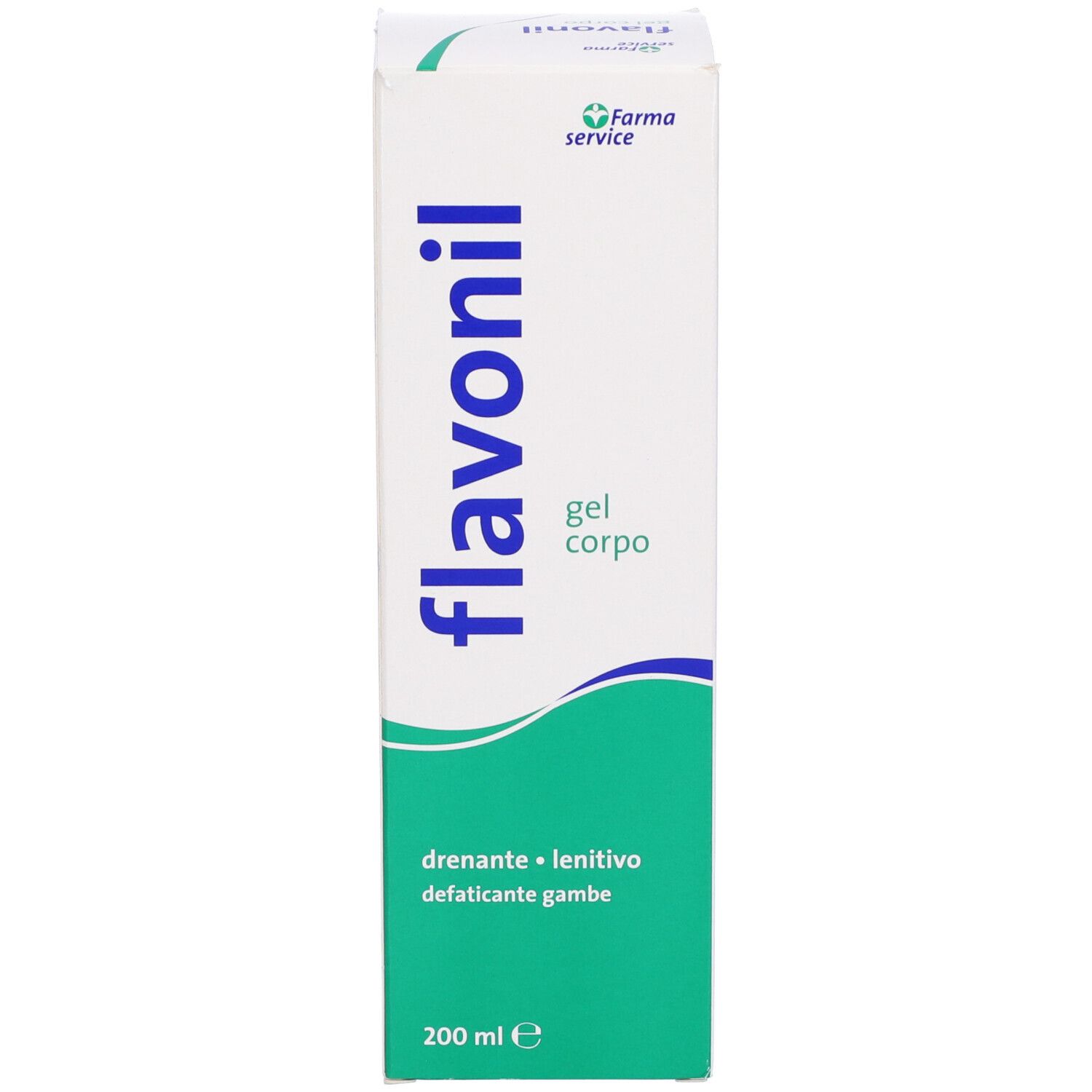 Emballage avec champ vert et texte blanc. Contient le texte: Flavonil, gel corpo, 200 ml.