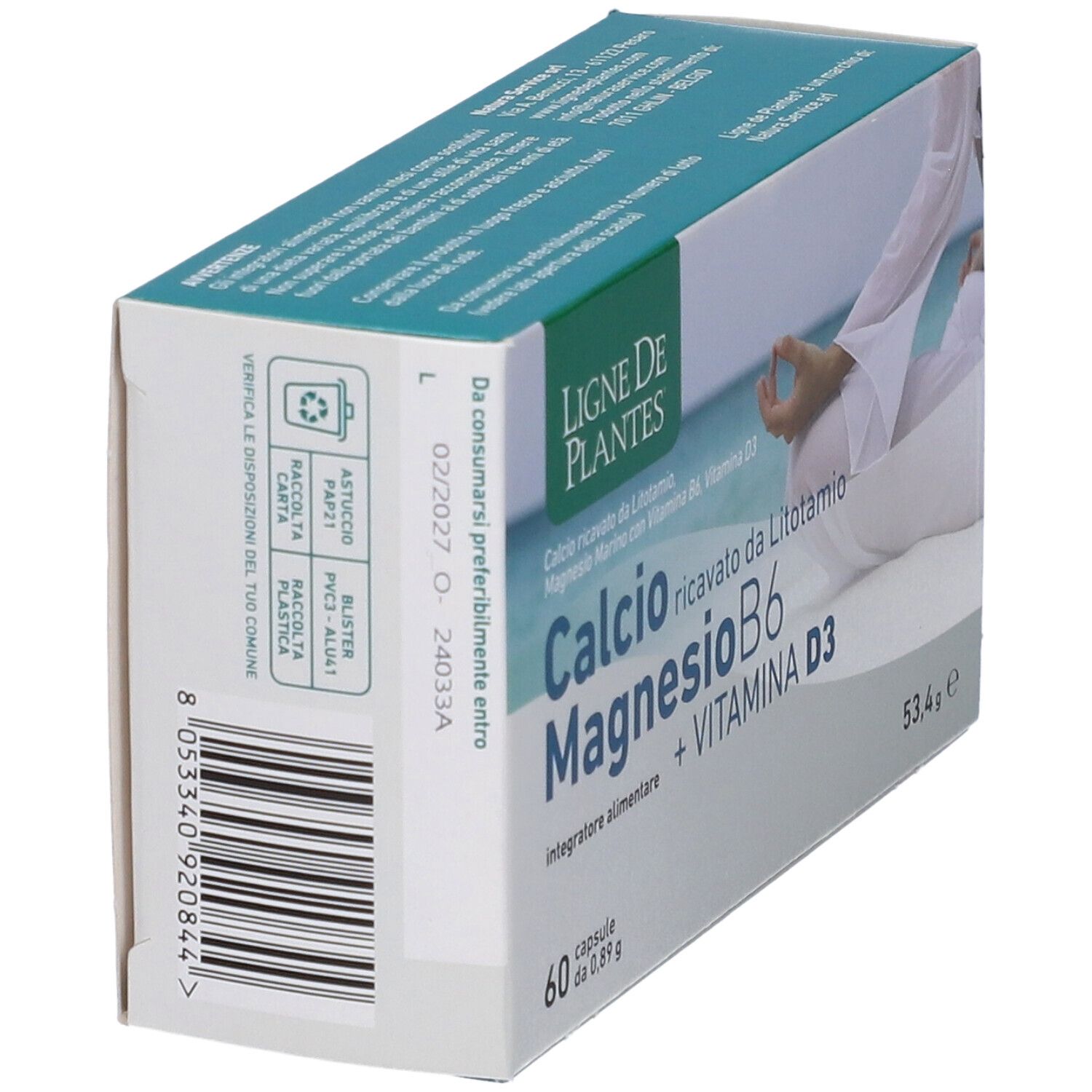 Produktverpackung. Aufschrift: Calcio Magnesio B6 + Vitamina D3. 60 Kapseln. Marke: Ligne de Plantes. Rückseite mit Text.
