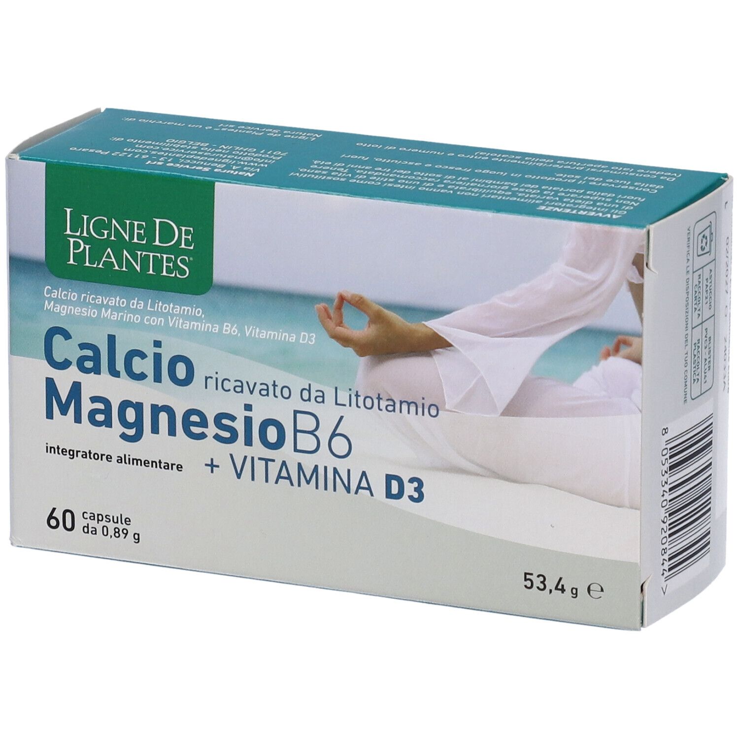 Produktverpackung. Aufschrift: Calcio Magnesio B6 + Vitamina D3. 60 Kapseln. Marke: Ligne de Plantes. Rückseite mit Text.