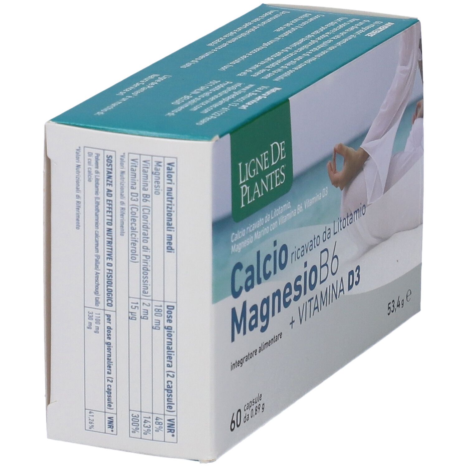 Produktverpackung. Aufschrift: Calcio Magnesio B6 + Vitamina D3. 60 Kapseln. Marke: Ligne de Plantes. Nährwertangaben.