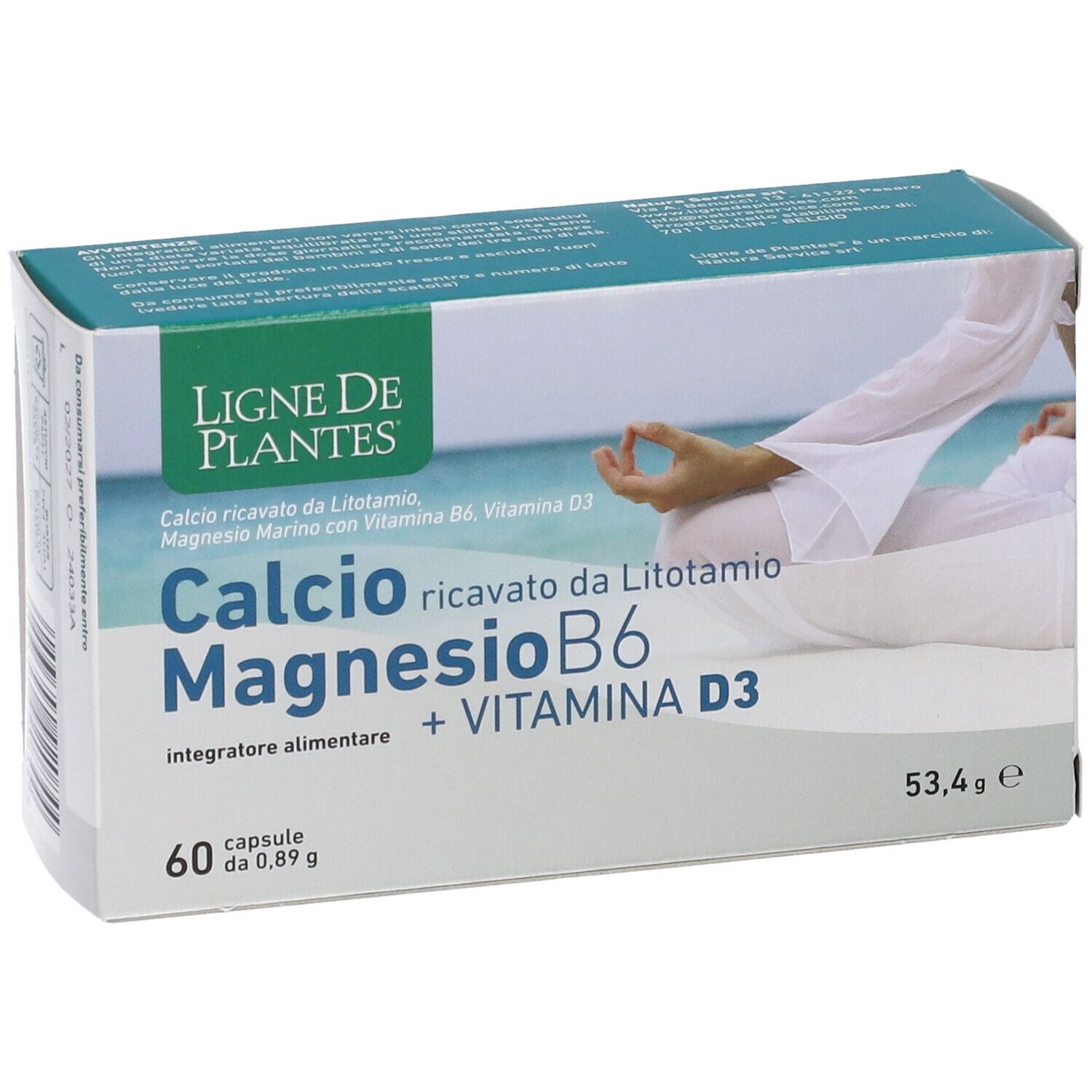 Produktverpackung. Aufschrift: Calcio Magnesio B6 + Vitamina D3. 60 Kapseln. Marke: Ligne de Plantes.