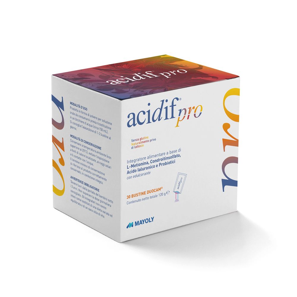 Boîte de Acidif® Pro. Inscription : 28 sachets, sans gluten, ingrédients. Logo MAYOLY.