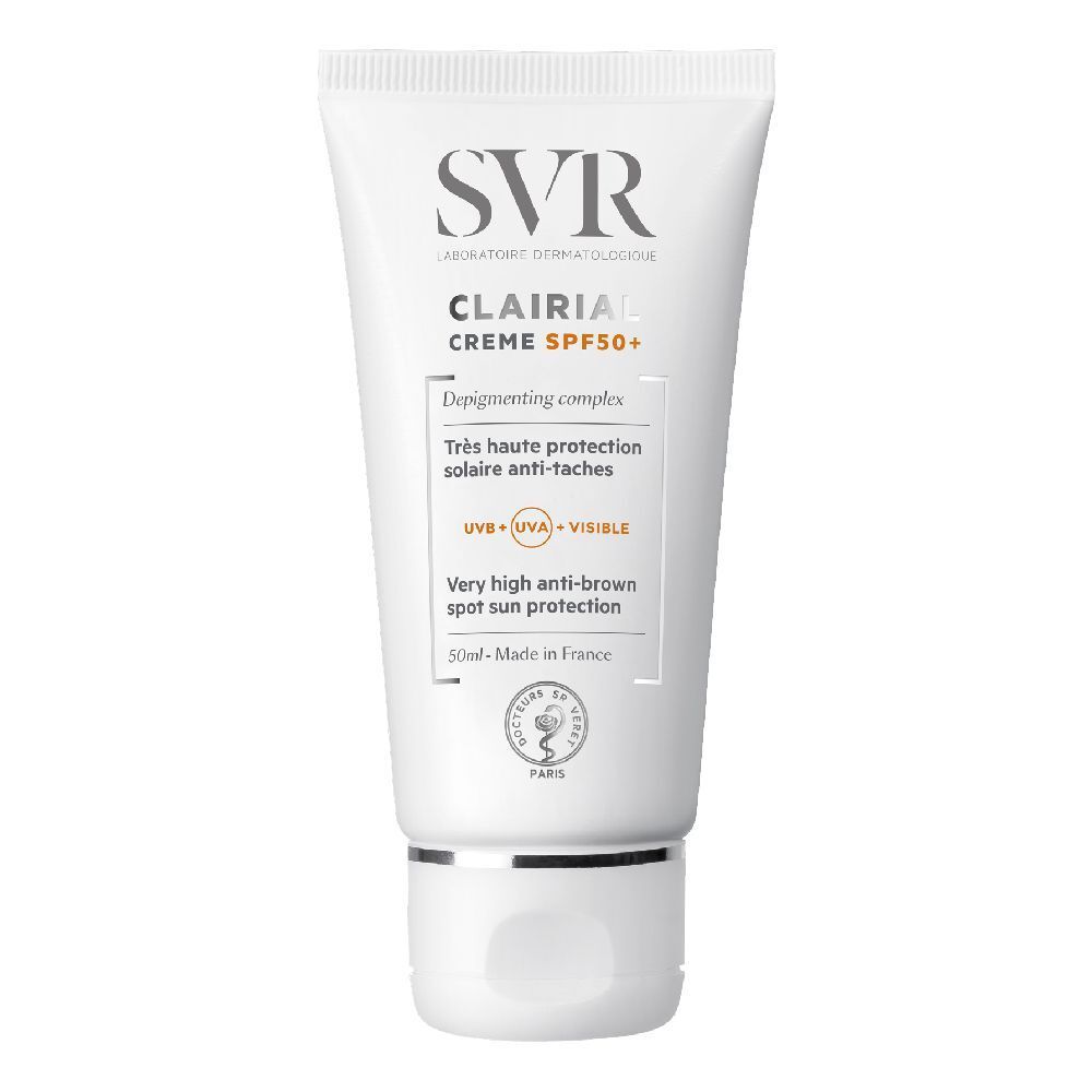 Tube blanc SVR Clarial Creme SPF50+. Texte: Très haute protection solaire anti-taches. Protection UV. 50ml.