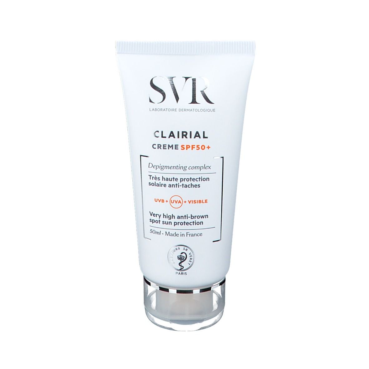 Tube blanc SVR Clarial Creme SPF50+. Texte: Très haute protection solaire anti-taches. Protection UV. 50ml. Base transparente.