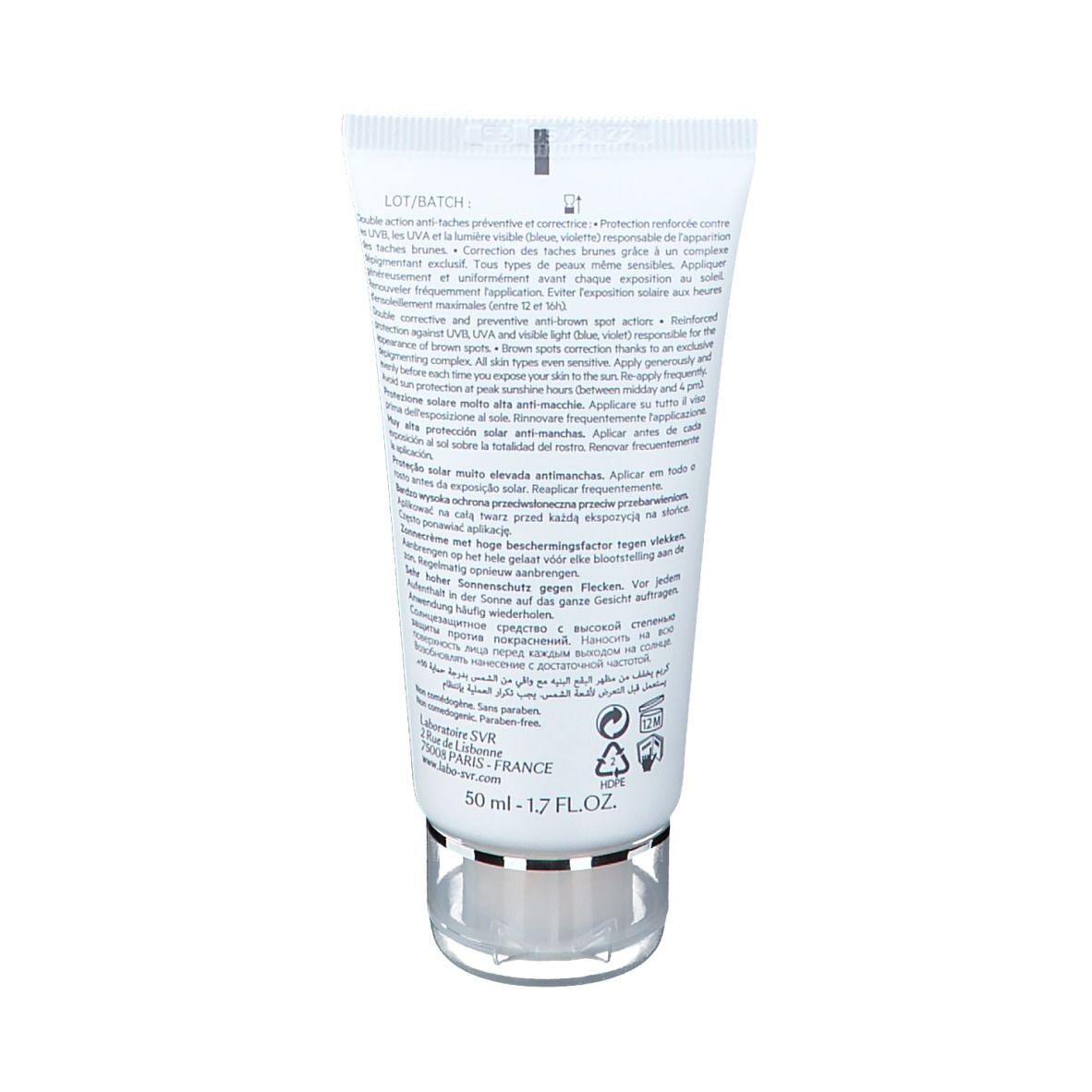 Dos du tube SVR Clarial Creme SPF50+. Texte multilingue. 50 ml. Informations fabricant.