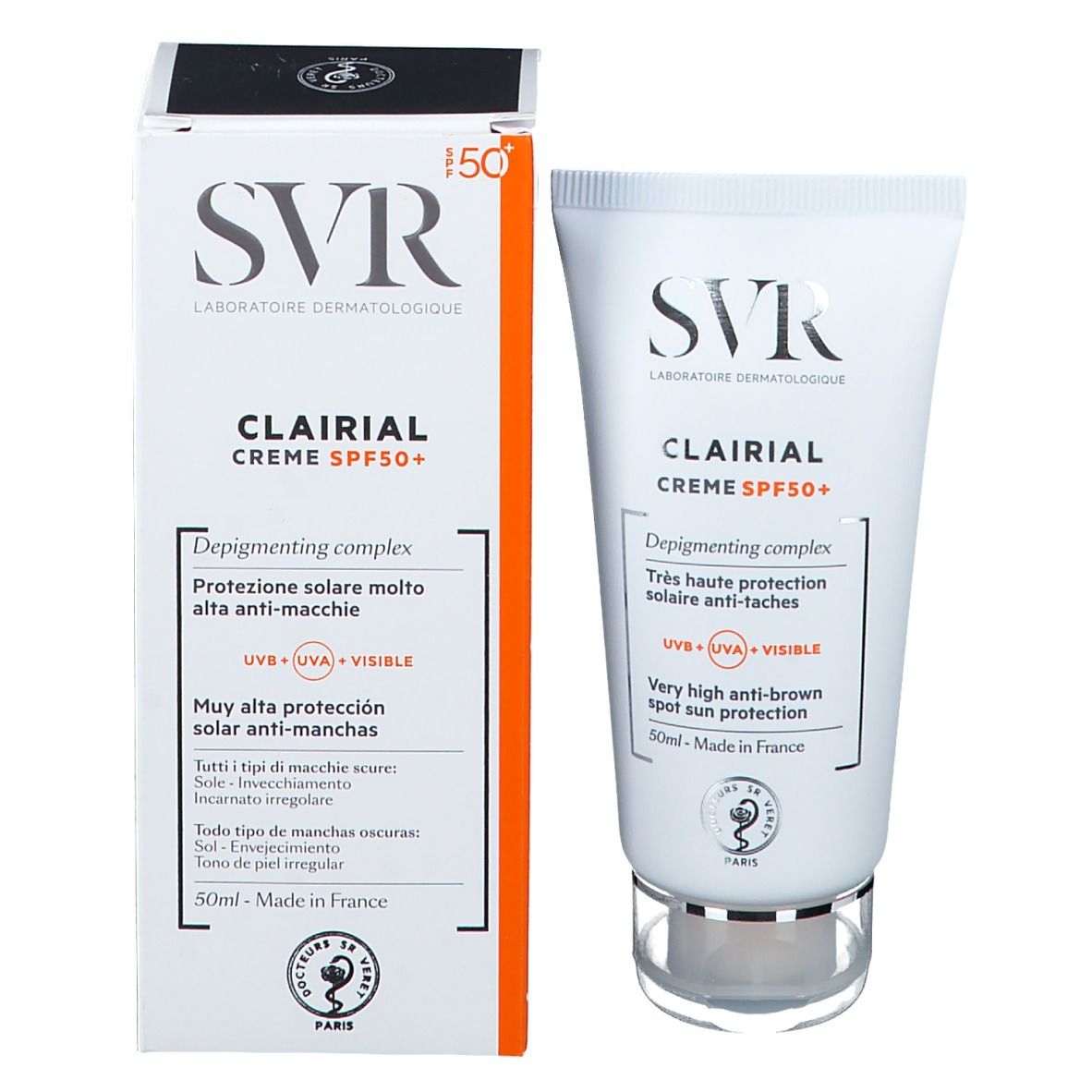 SVR Clarial Creme SPF50+ et emballage. Tube et boîte blancs. Texte: Très haute protection solaire anti-taches. 50ml.