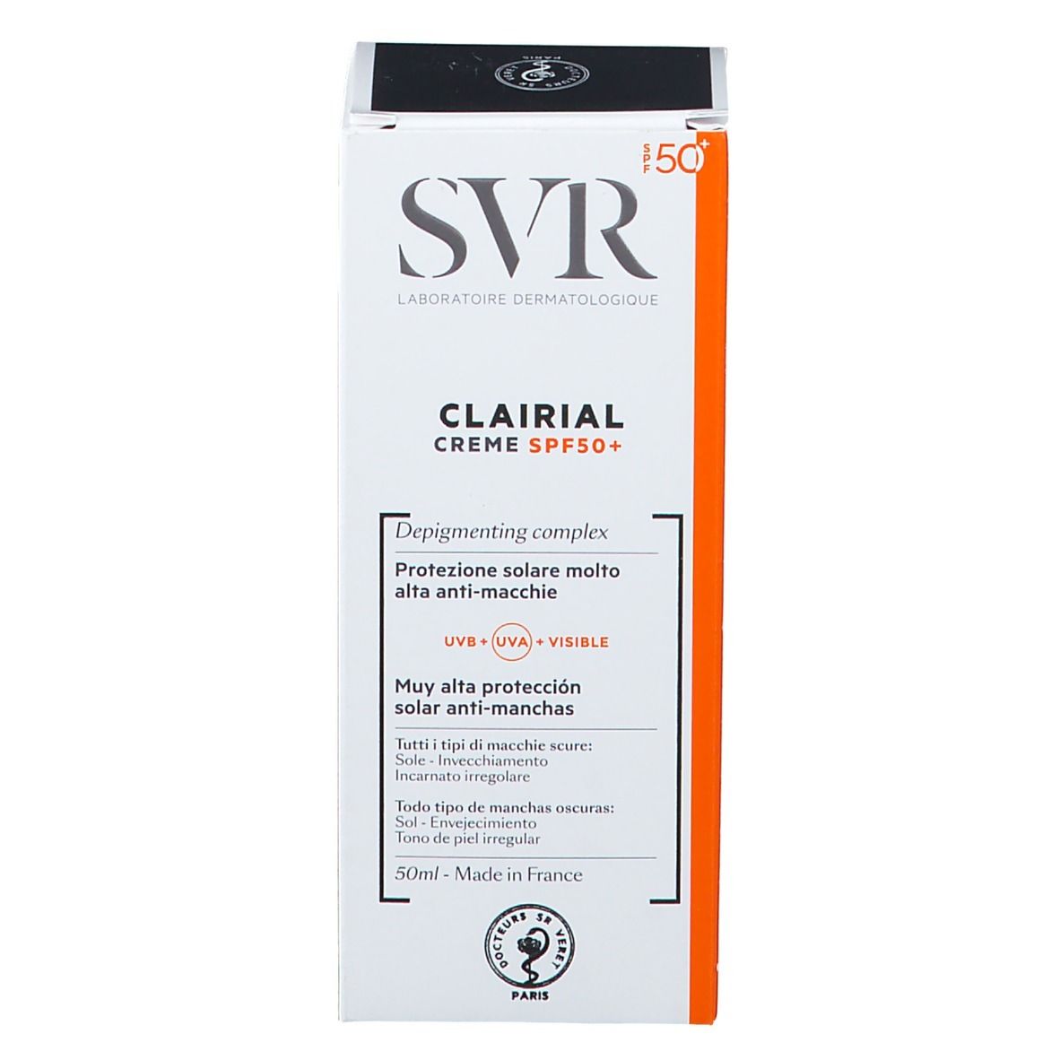 Emballage SVR Clarial Creme SPF50+. Boîte blanche avec texte: Très haute protection solaire anti-taches. 50ml.