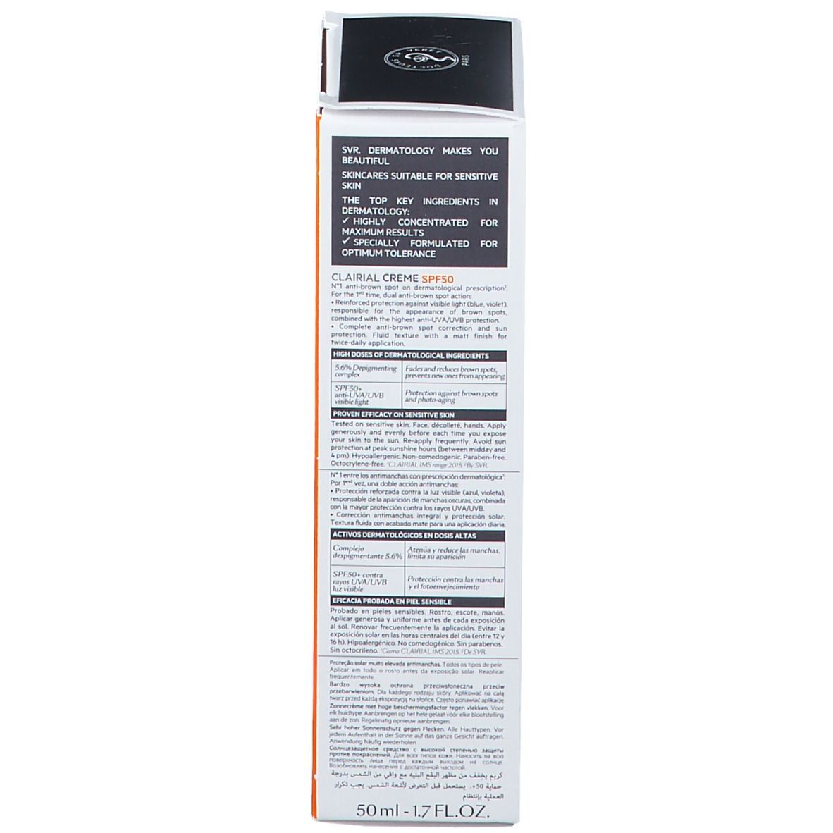 Dos de l'emballage SVR Clarial Creme SPF50+. Texte multilingue. 50 ml. Informations fabricant.