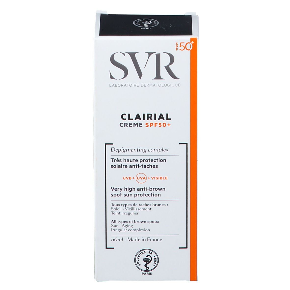 Emballage SVR Clarial Creme SPF50+. Boîte blanche avec texte: Très haute protection solaire anti-taches. 50ml.