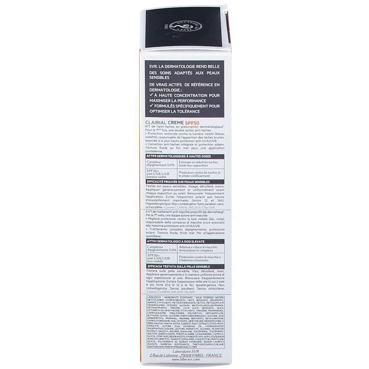 Dos de l'emballage SVR Clarial Creme SPF50+. Texte multilingue. 50 ml. Informations fabricant.