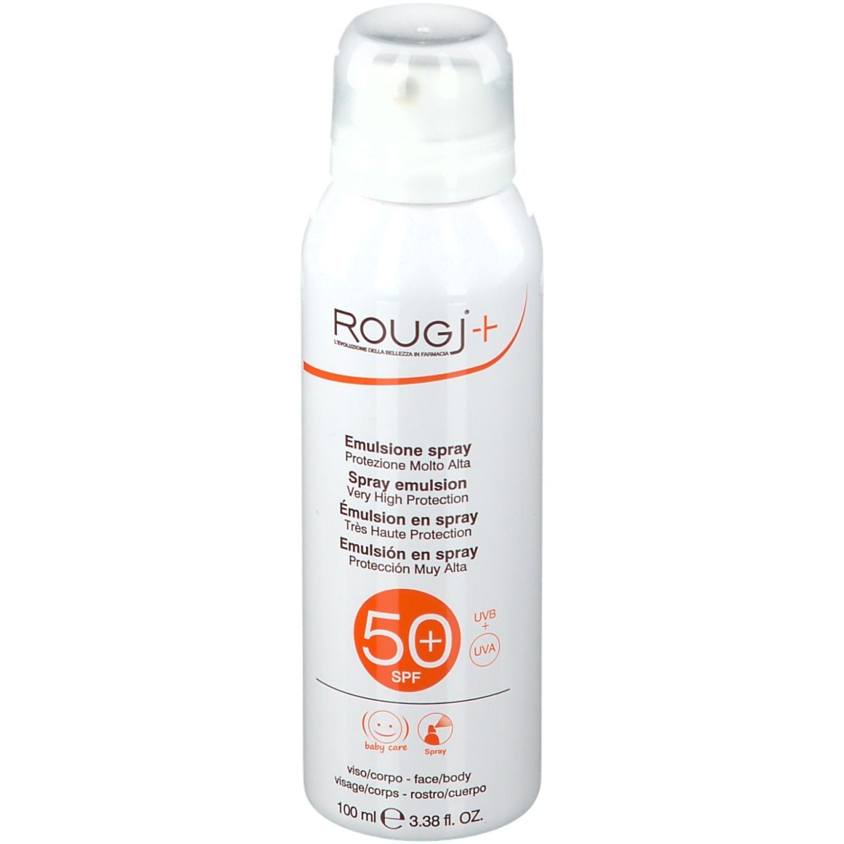 Spray blanc avec accent orange. Inscription: ROUGJ+, Emulsione spray, SPF 50+. Pour le visage et le corps.