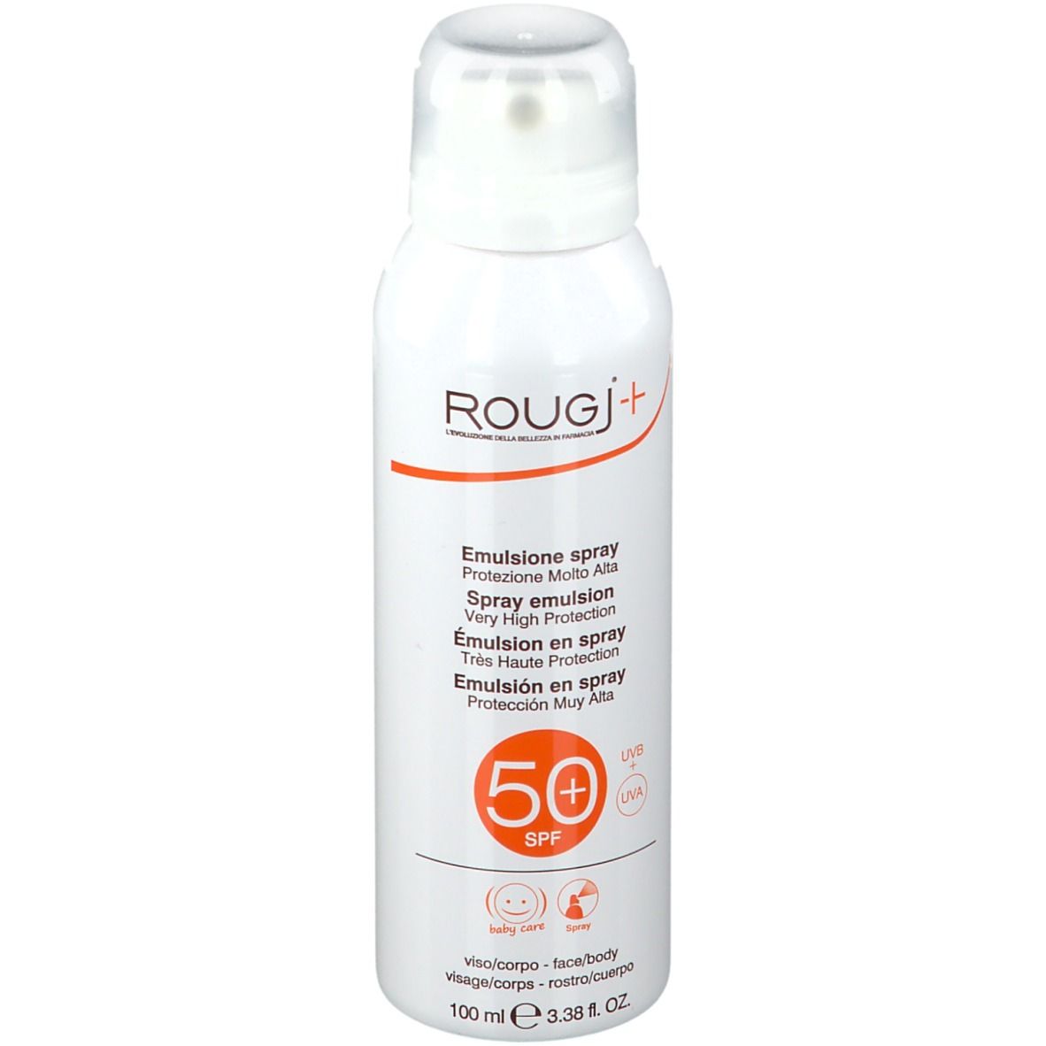 Spray blanc, vue latérale. Texte: ROUGJ+, Emulsione spray, SPF 50+. Avec texte multilingue.
