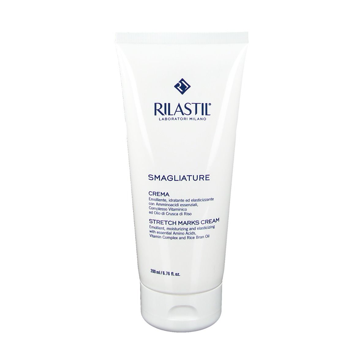 Tube blanc RILASTIL® SMAGLIATURE. Inscriptions bleues. Nom du produit et marque visibles.