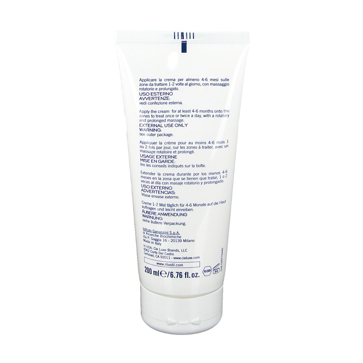 Dos du tube de crème RILASTIL® SMAGLIATURE. Texte multilingue. Instructions d'utilisation.