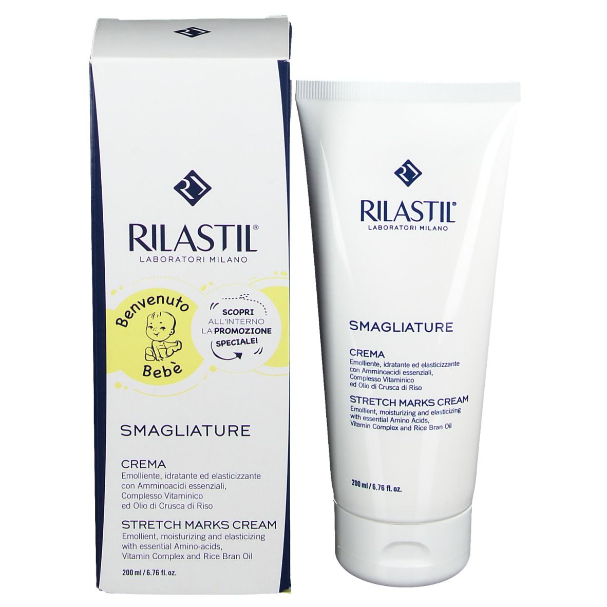 Crème RILASTIL® SMAGLIATURE avec emballage. Nom et marque visibles. Illustration bébé.