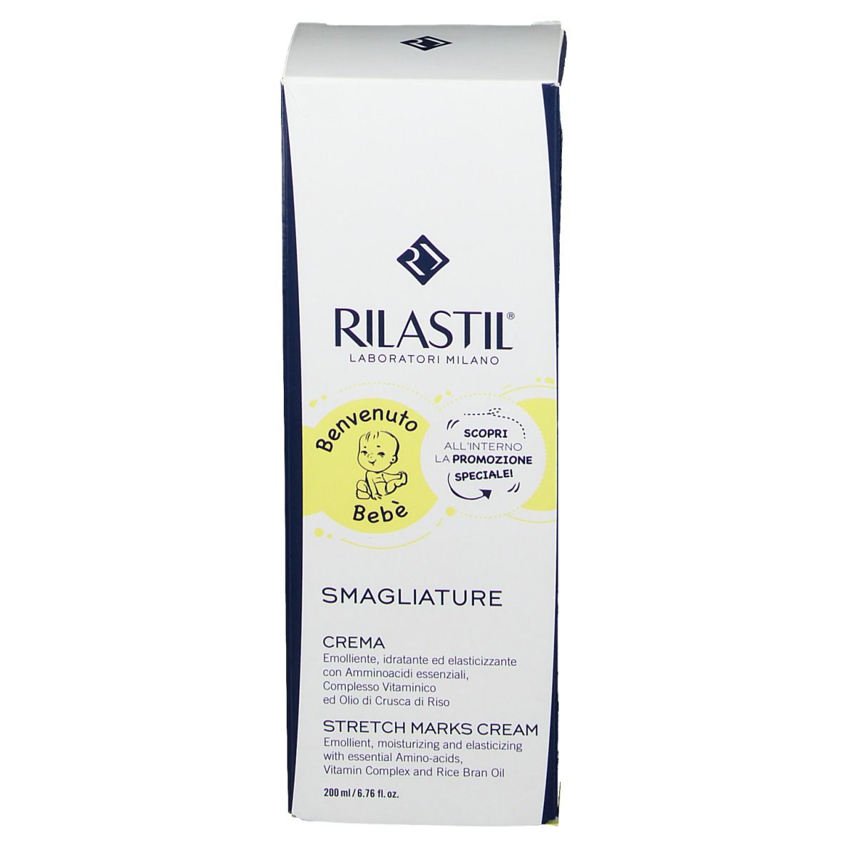 Emballage de la crème RILASTIL® SMAGLIATURE. Nom et marque visibles. Illustration bébé.