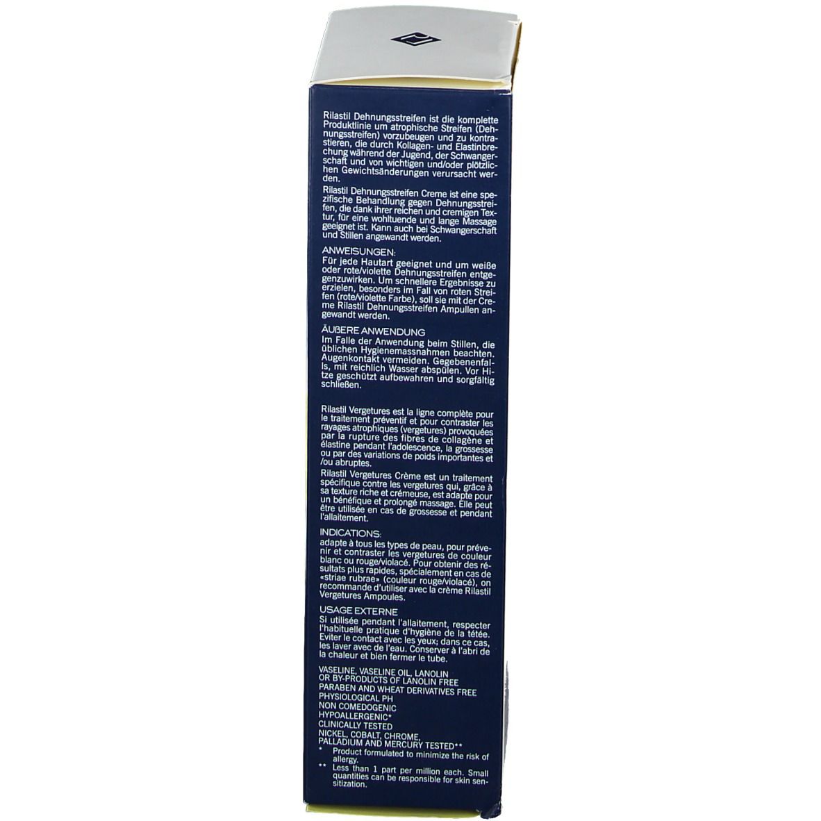 Emballage de la crème RILASTIL® SMAGLIATURE. Texte multilingue. Informations produit.