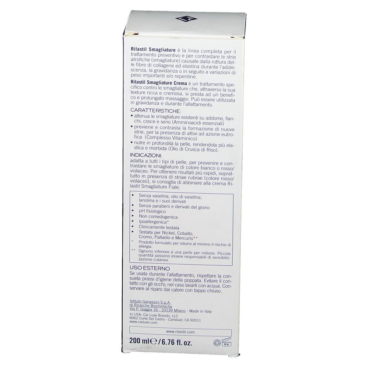 Emballage de la crème RILASTIL® SMAGLIATURE. Texte multilingue. Informations produit.
