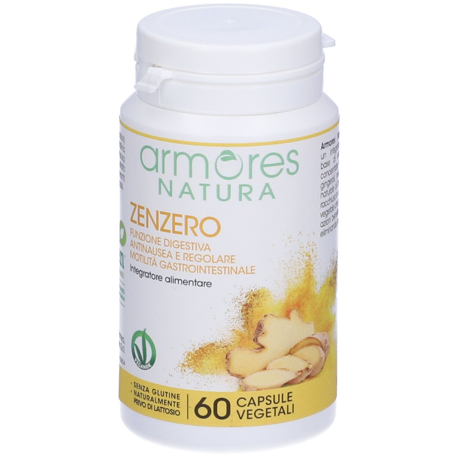 Flacon blanc de capsules. Inscription: Armores Natura Zenzero. 60 gélules végétales. Sans gluten, sans lactose.