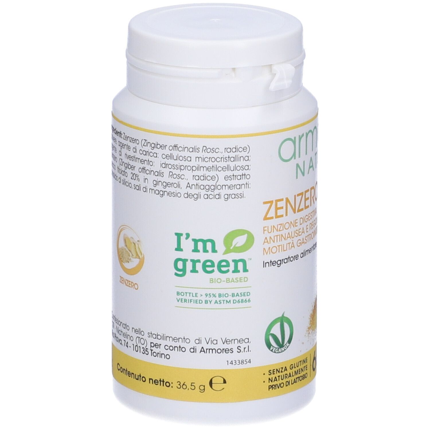 Flacon blanc de capsules. Inscription: Armores Natura Zenzero. I'm green Bio-based. Sans gluten, sans lactose.