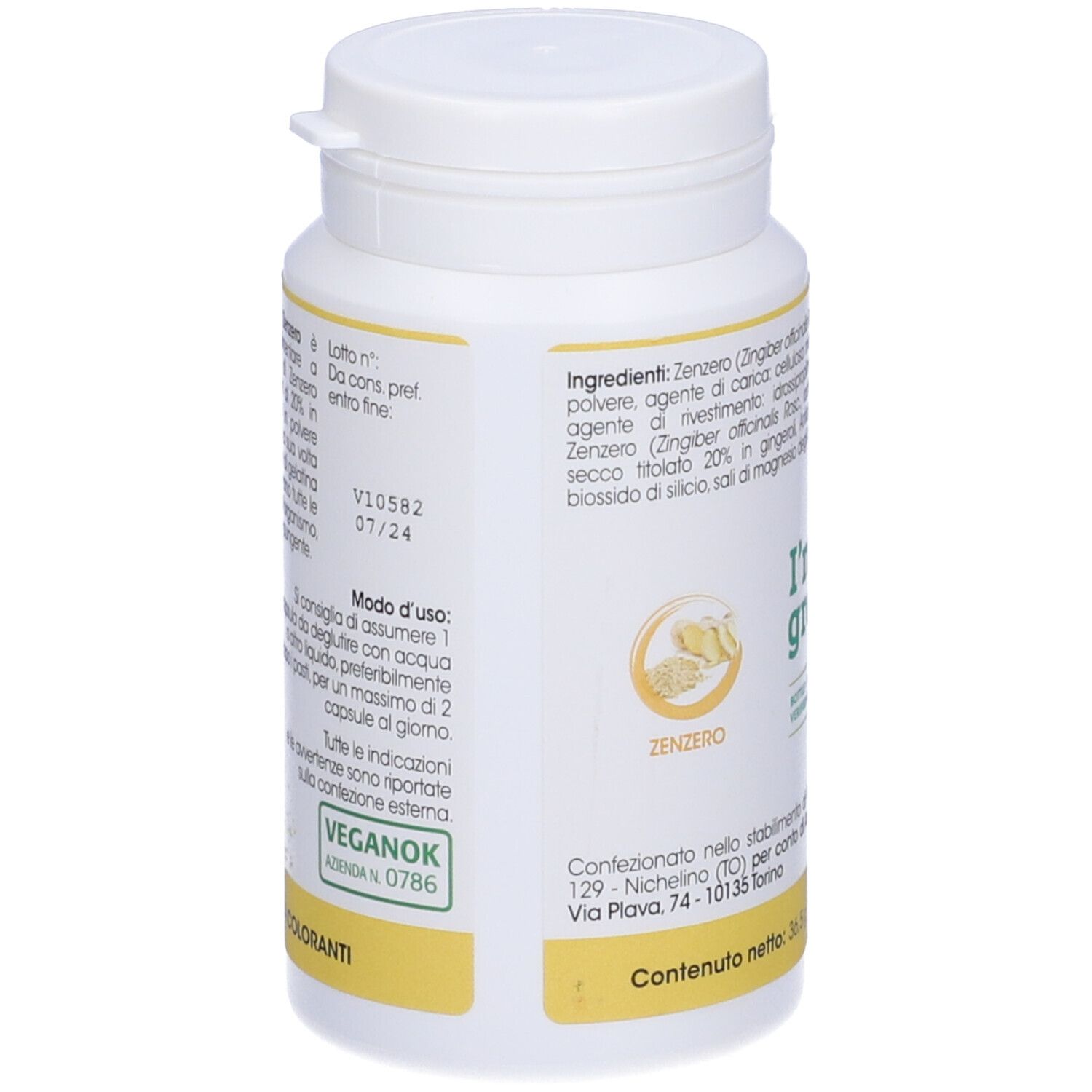 Dos d'un flacon blanc de capsules. Inscription: Armores Natura Zenzero. Certification VeganOK. DDM 07/24.