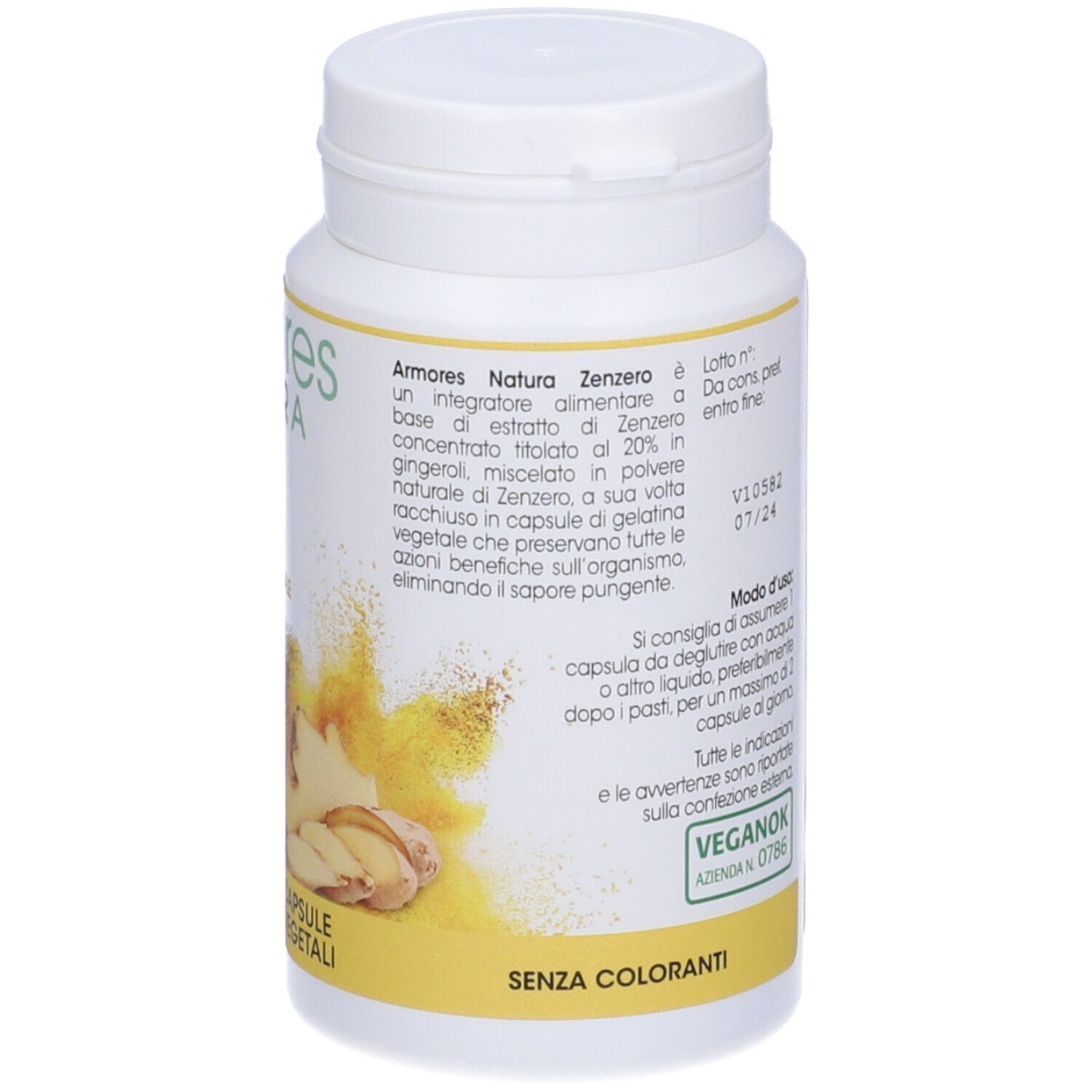 Dos d'un flacon blanc de capsules. Inscription: Armores Natura Zenzero. Certification VeganOK. DDM 07/24.