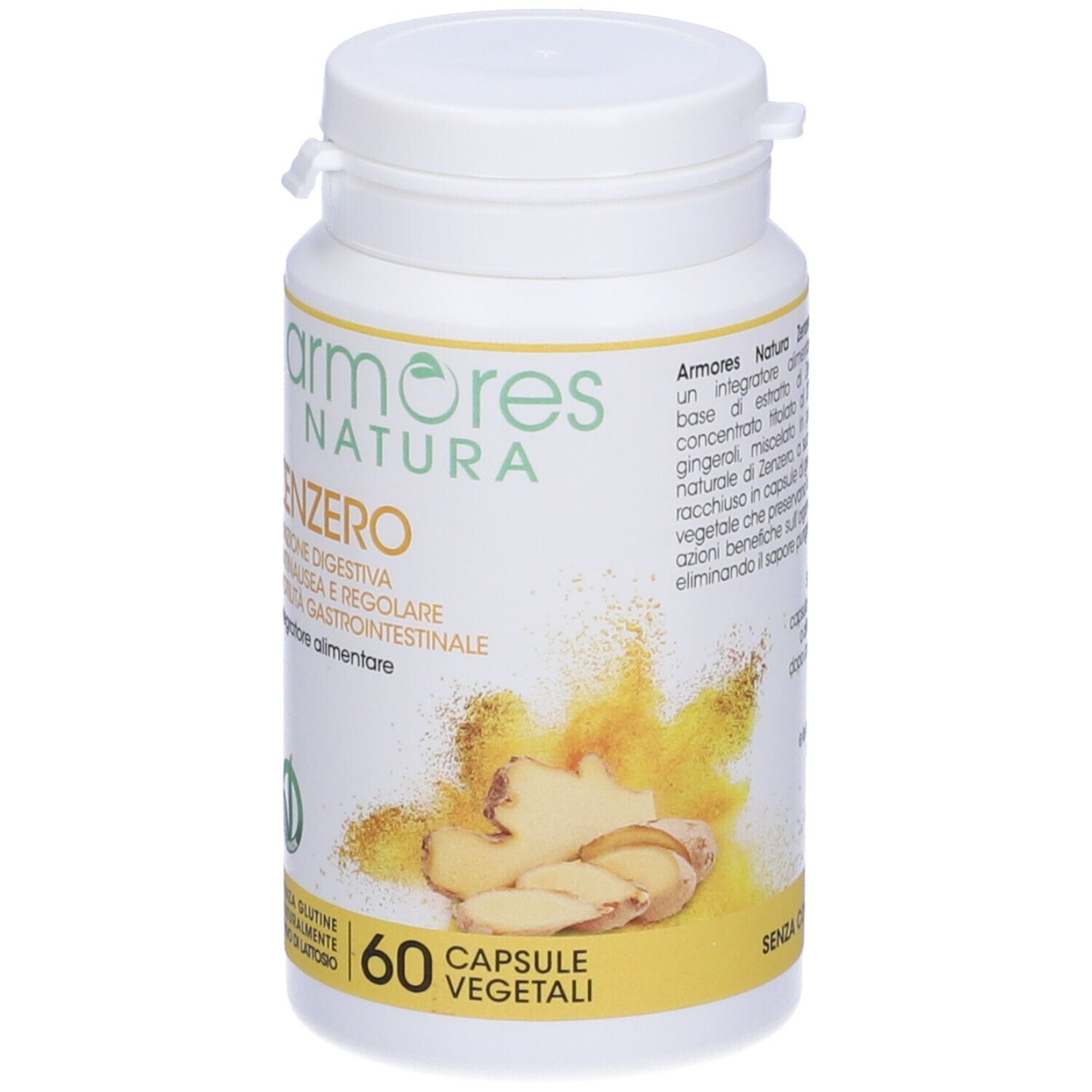 Flacon blanc de capsules. Inscription: Armores Natura Zenzero. 60 gélules végétales. Sans gluten, sans lactose.