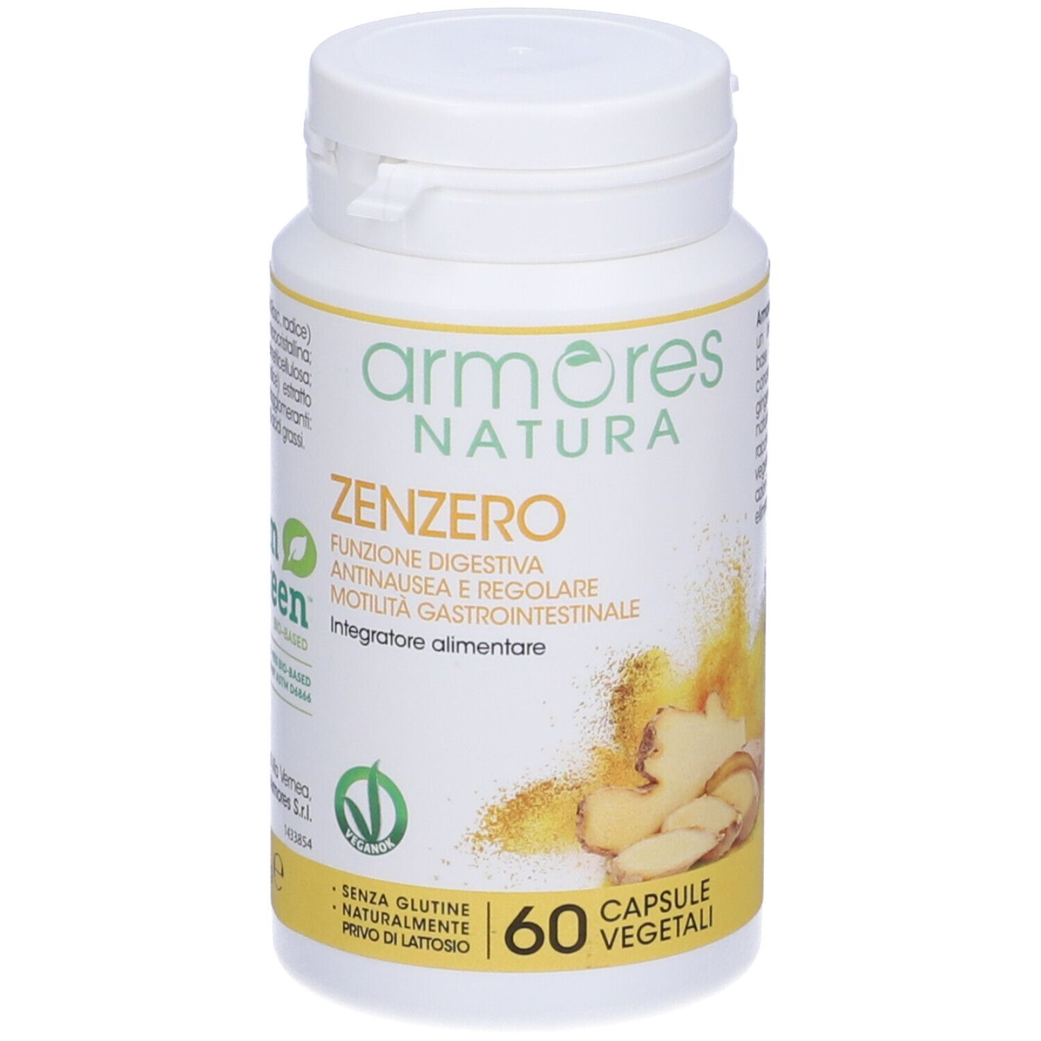 Flacon blanc de capsules. Inscription: Armores Natura Zenzero. 60 gélules végétales. Sans gluten, sans lactose.