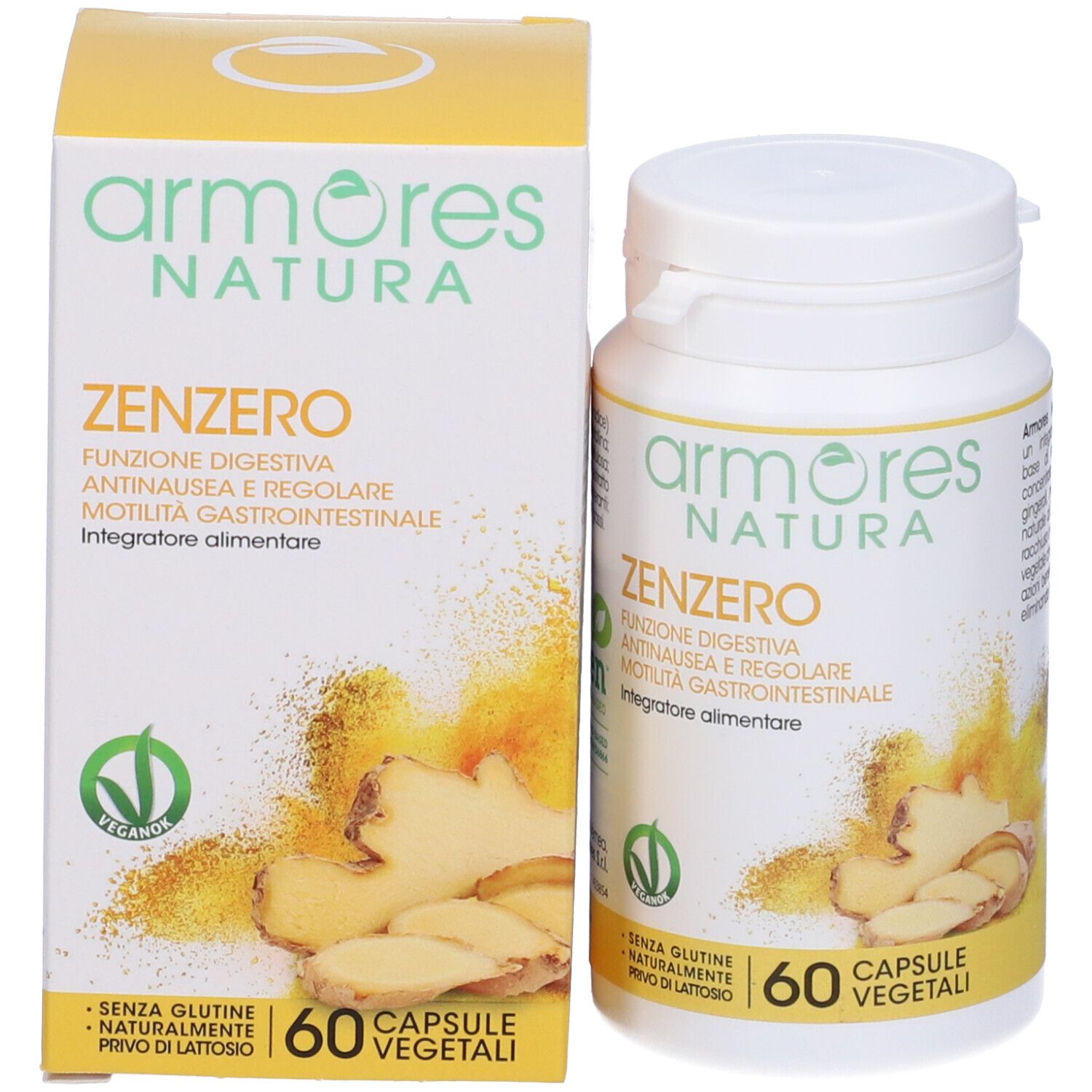 Emballage et flacon. Inscription: Armores Natura Zenzero. 60 gélules végétales. Sans gluten, sans lactose.