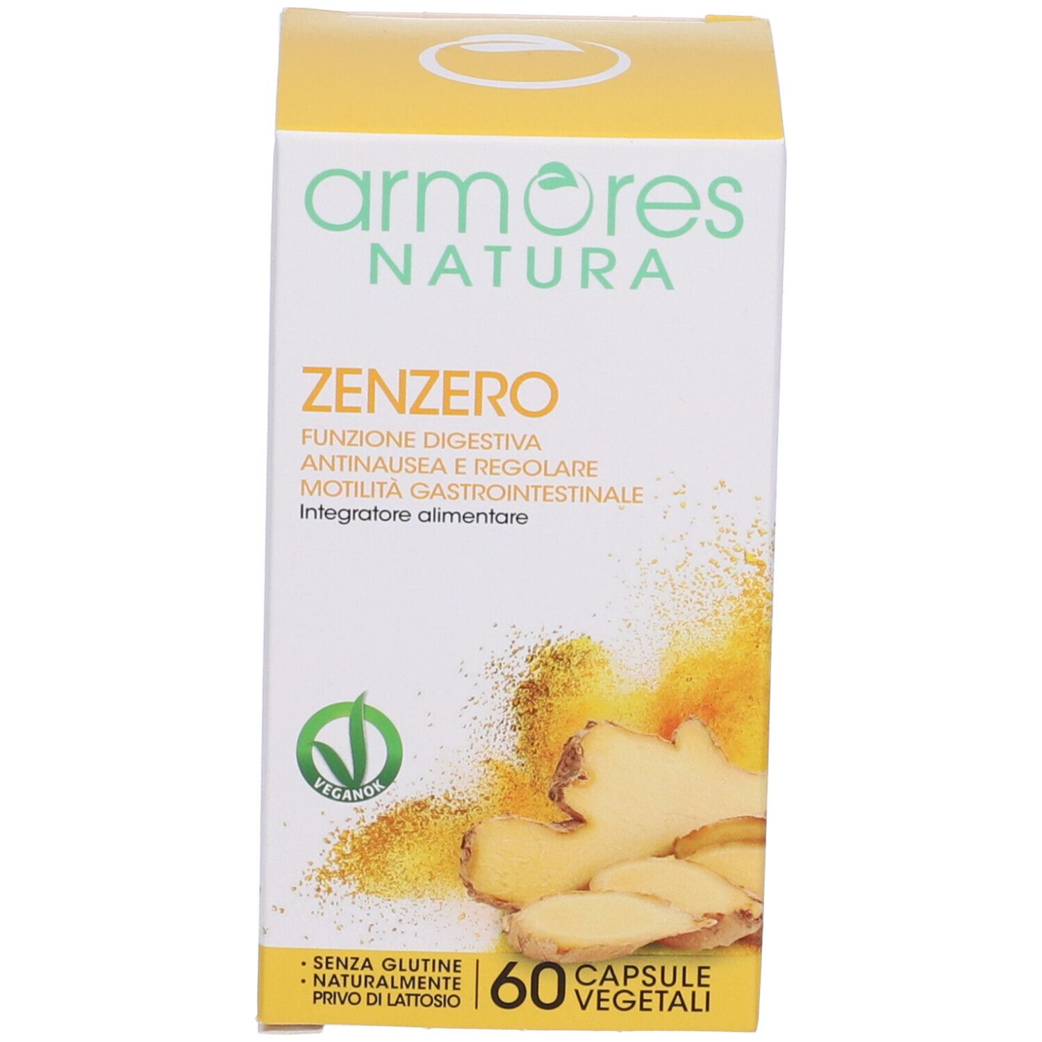 Emballage du produit. Inscription: Armores Natura Zenzero. 60 gélules végétales. Sans gluten, sans lactose.