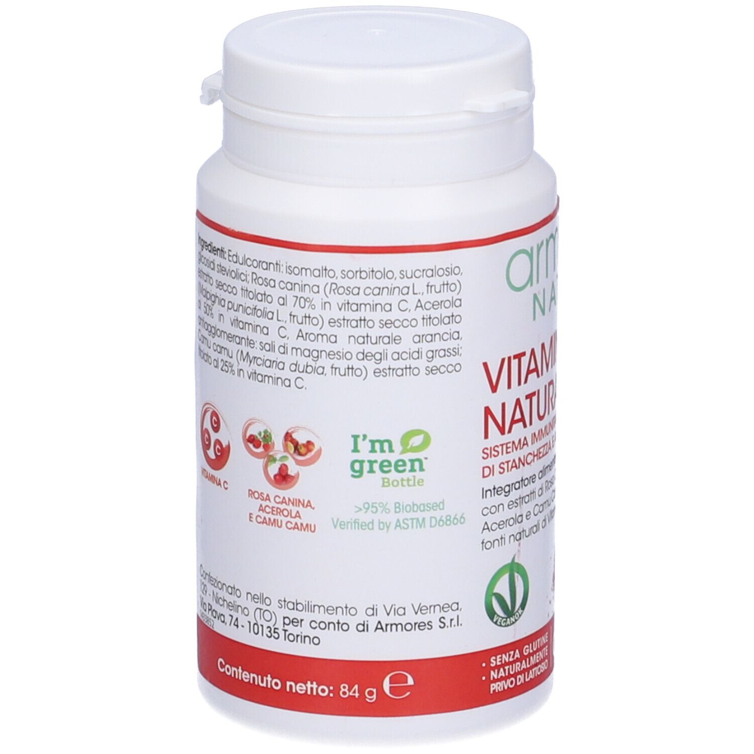 Dos du flacon blanc Armores Natura Vitamina C Naturale. Ingrédients et certification.