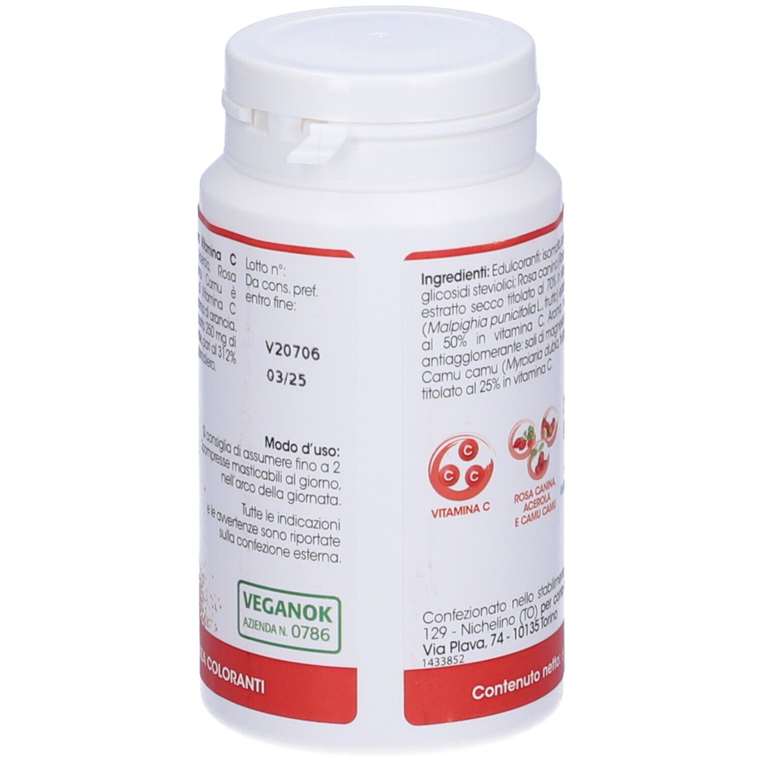 Dos du flacon blanc Armores Natura Vitamina C Naturale. Informations et numéro de lot.