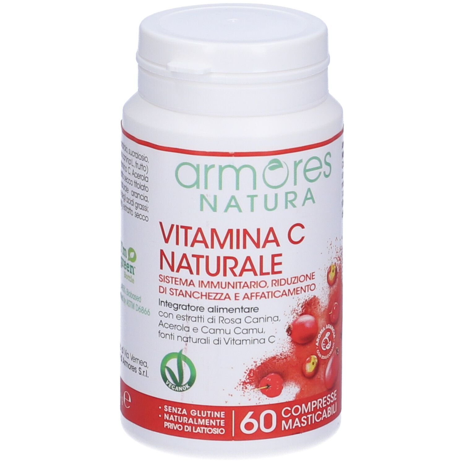 Flacon blanc Armores Natura Vitamina C Naturale. 60 comprimés à mâcher. Label Vegan.