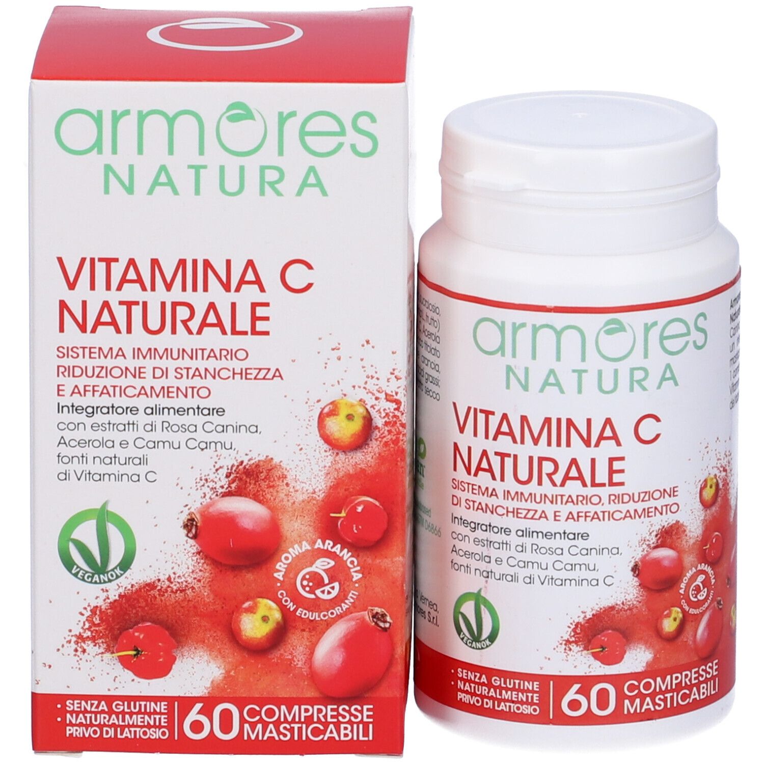 Armores Natura Vitamina C Naturale, flacon et boîte. 60 comprimés à mâcher. Label Vegan.