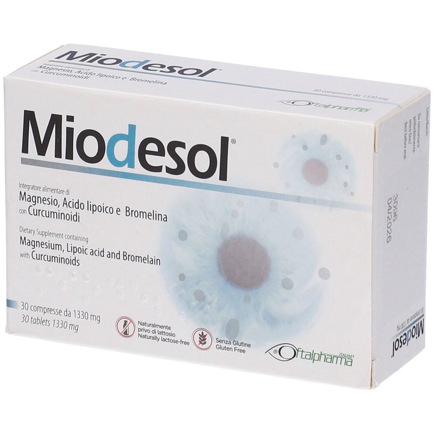 Boîte blanche avec logo "Miodesol". Contient 30 comprimés. Ingrédients : Magnésium, acide lipoïque, bromélaïne et curcumine. Sans gluten.