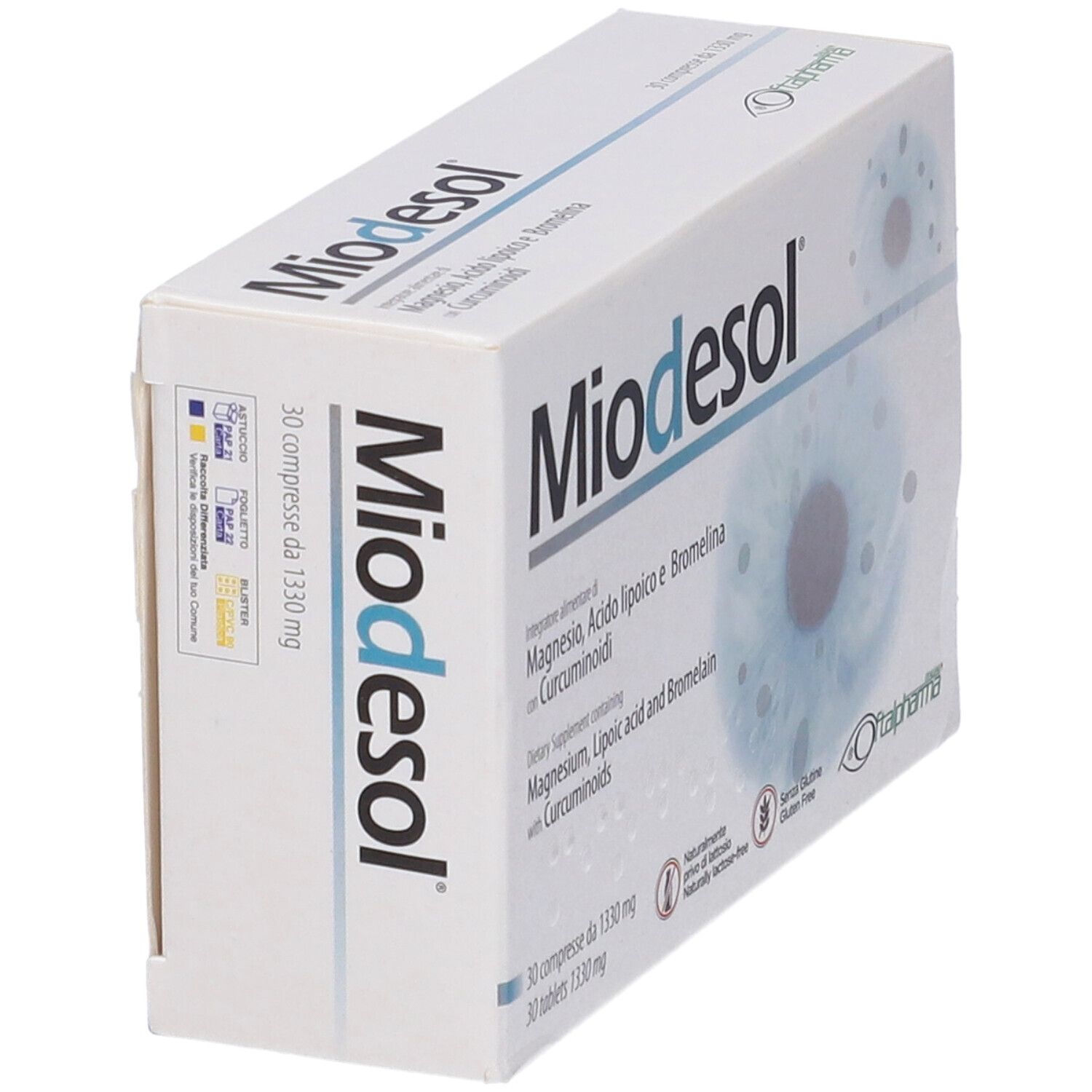 Boîte avec logo "Miodesol". Contient 30 comprimés. Ingrédients : Magnésium, acide lipoïque, bromélaïne et curcumine. Sans gluten.