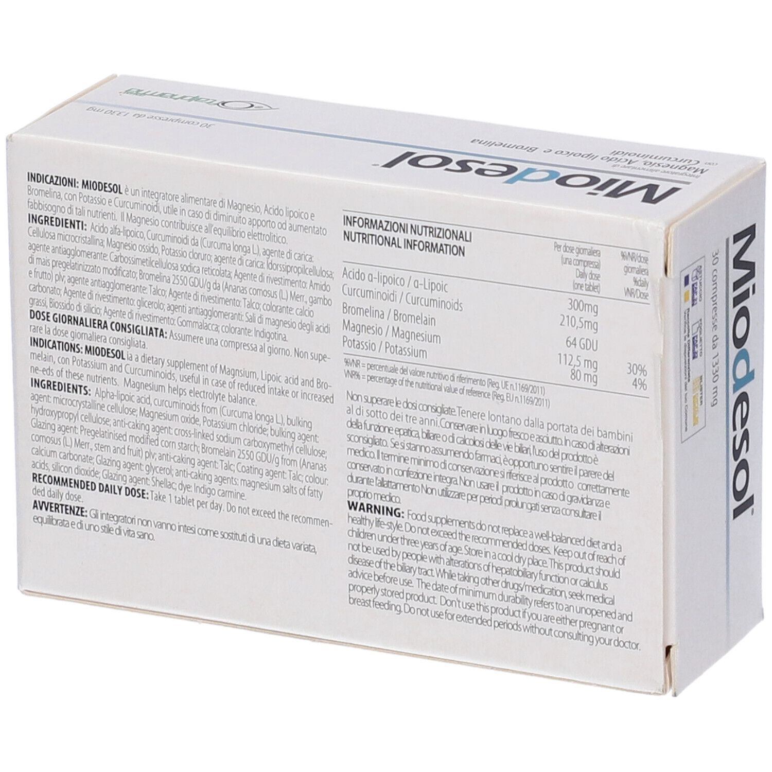 Dos d'une boîte blanche "Miodesol". Contient des informations sur les ingrédients et la valeur nutritionnelle. Texte en italien.