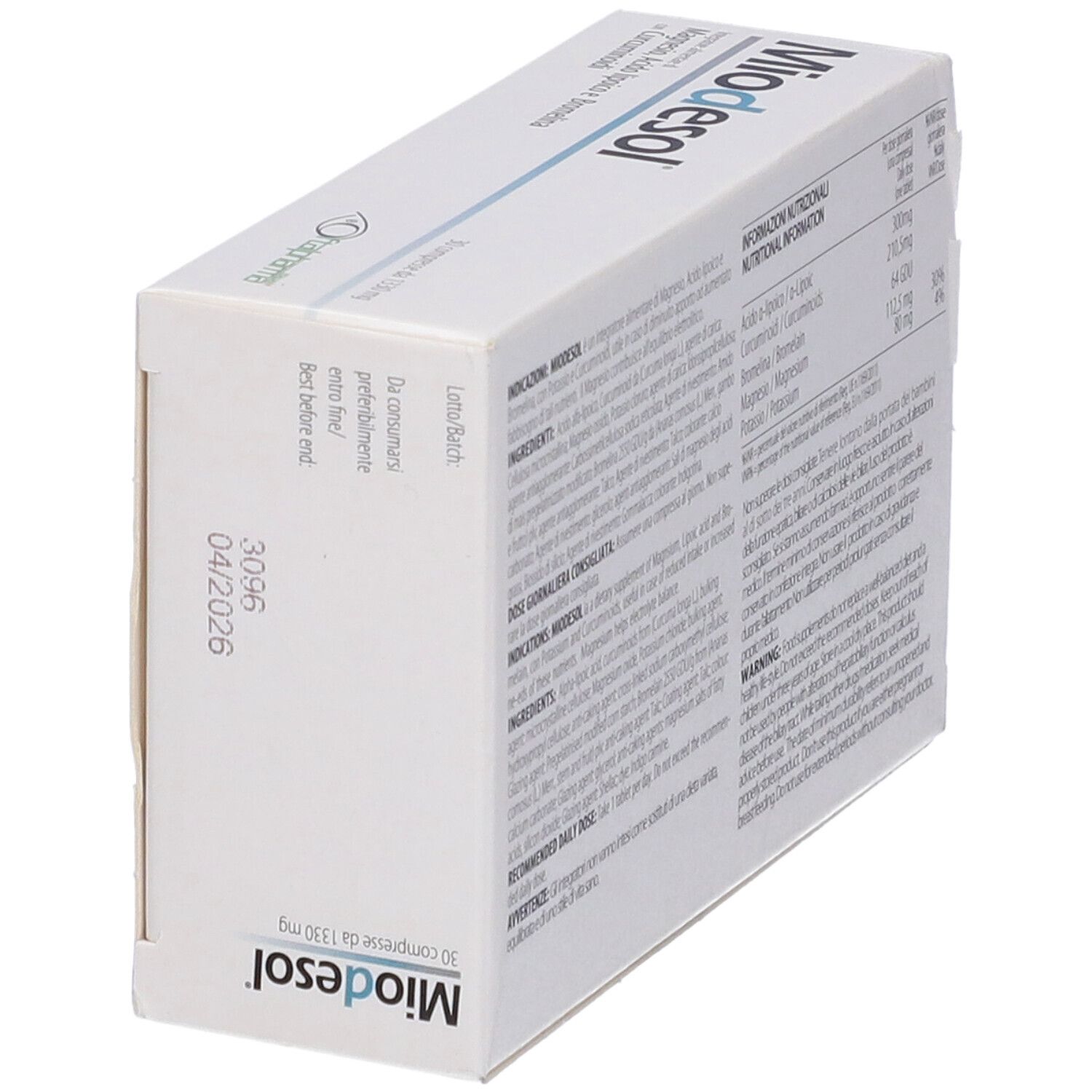 Boîte "Miodesol". Contient des informations sur les ingrédients et la valeur nutritionnelle. Texte en italien. Date de péremption.