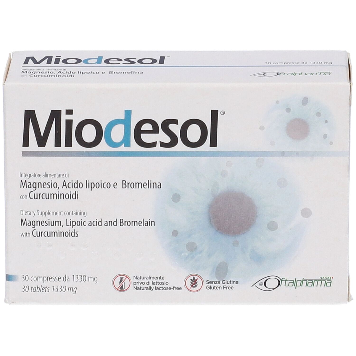 Boîte blanche avec logo "Miodesol". Contient 30 comprimés. Ingrédients : Magnésium, acide lipoïque, bromélaïne et curcumine. Sans gluten.