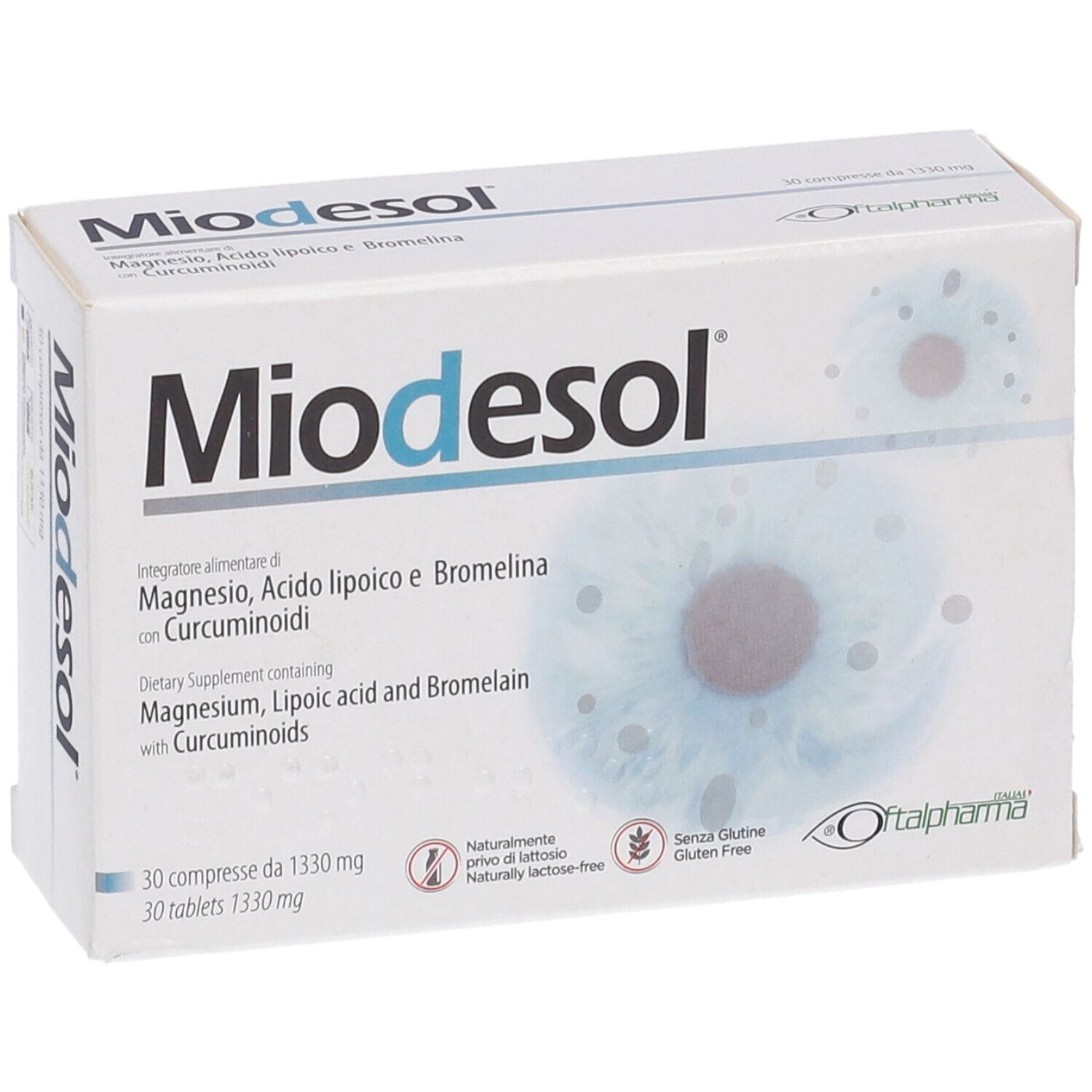 Boîte blanche avec logo "Miodesol". Contient 30 comprimés. Ingrédients : Magnésium, acide lipoïque, bromélaïne et curcumine. Sans gluten.