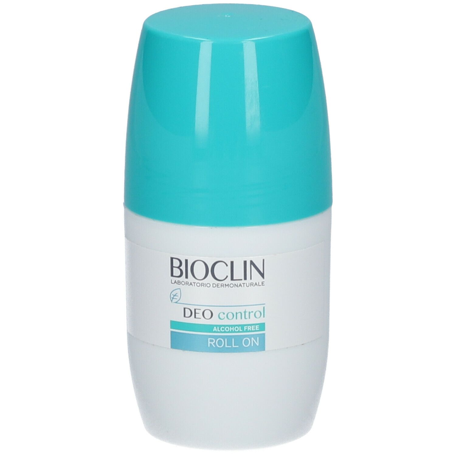 Déodorant roll-on Deo Control. Flacon blanc et turquoise avec logo et nom du produit. Sans alcool.