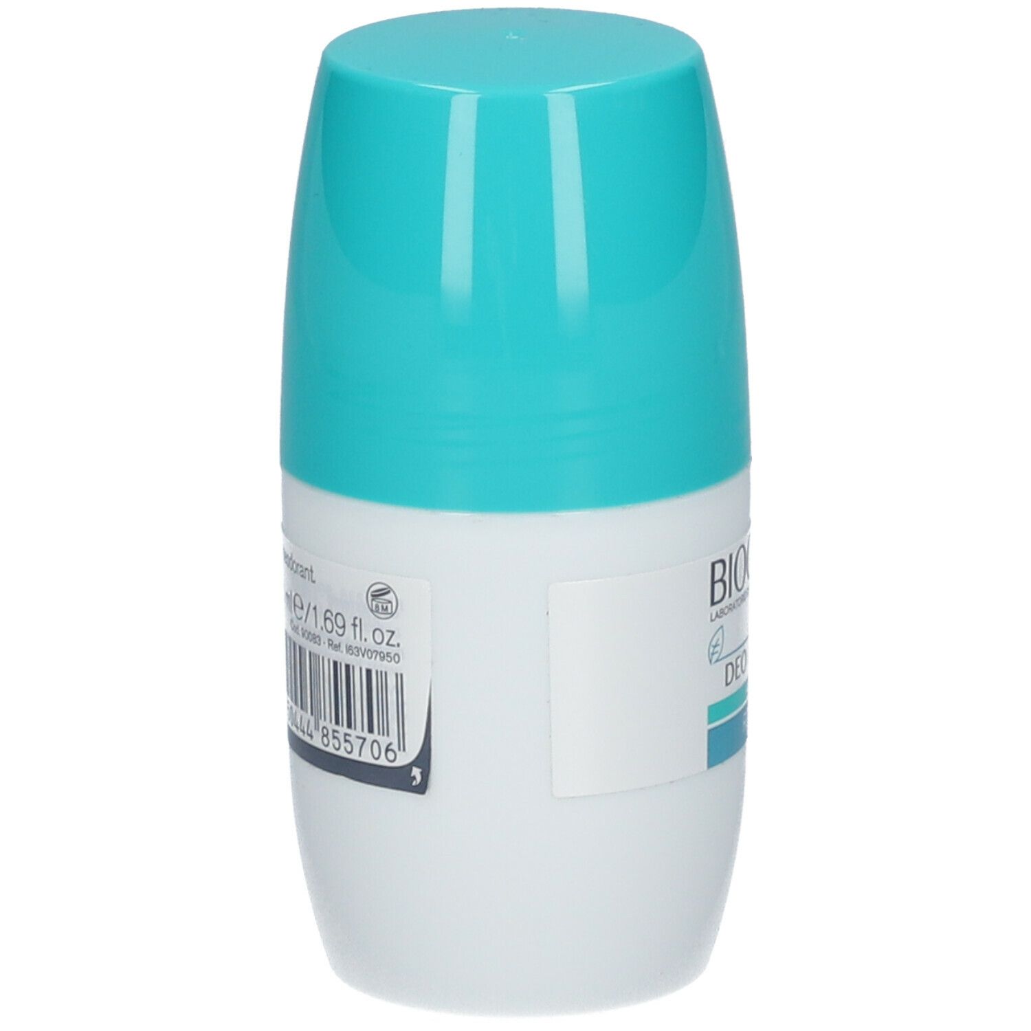 Déodorant roll-on Deo Control. Dos du flacon avec informations et code-barres. Couleur turquoise et blanc.