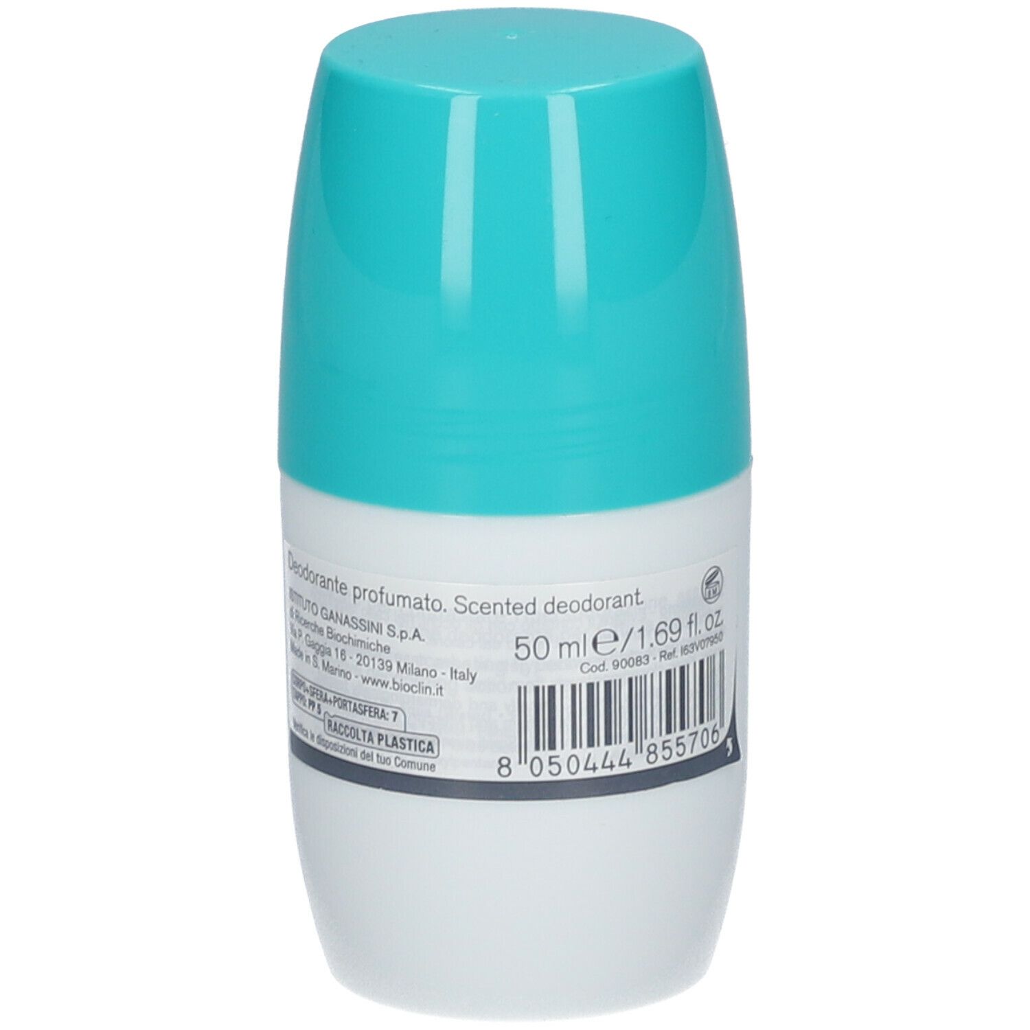 Déodorant roll-on Deo Control. Dos du flacon avec informations et code-barres. Couleur turquoise et blanc.
