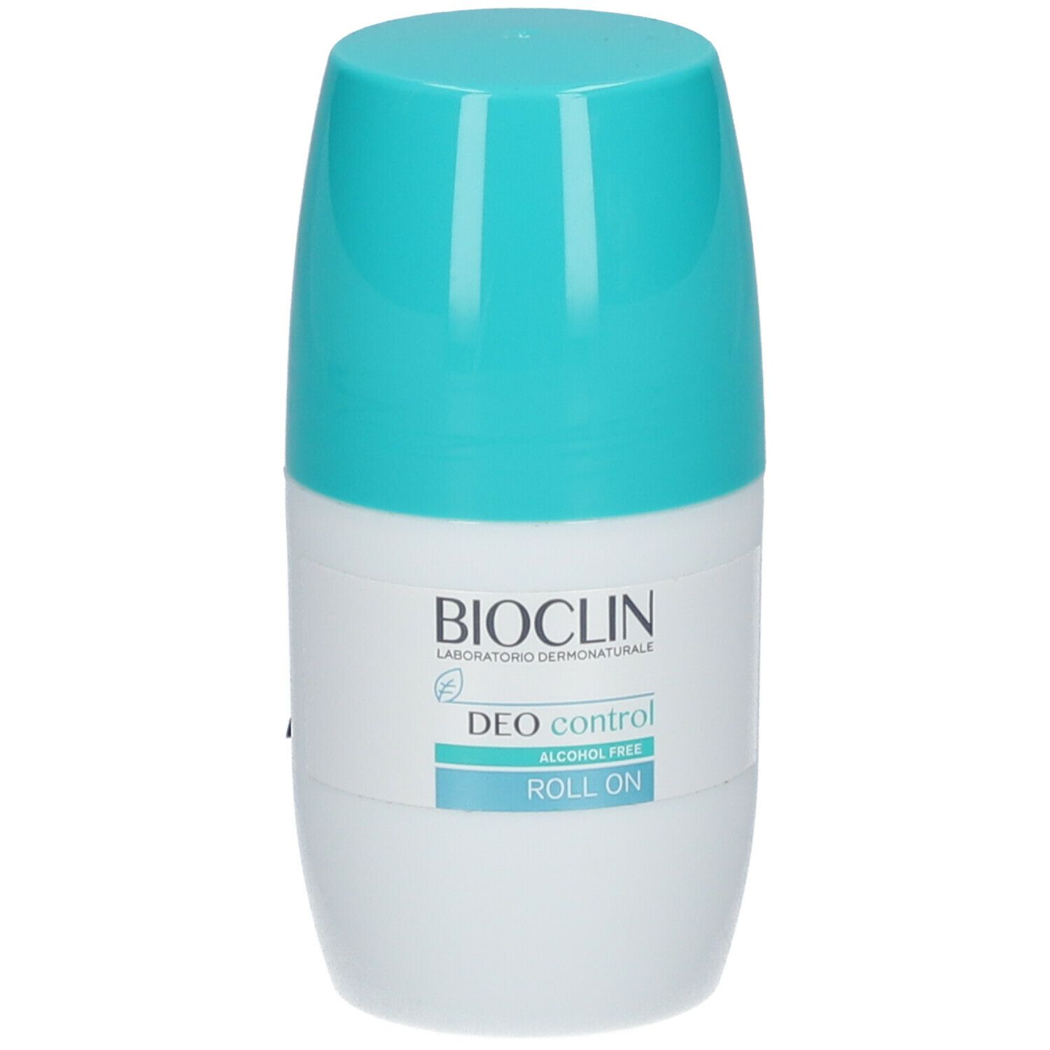 Déodorant roll-on Deo Control. Face avant avec logo et nom du produit. Couleur turquoise et blanc.