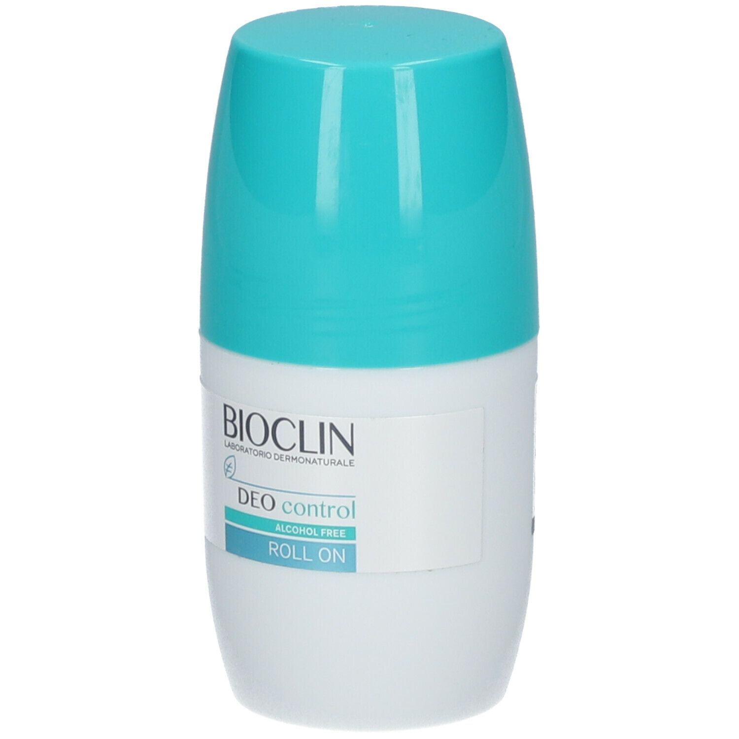 Déodorant roll-on Deo Control. Face avant avec logo et nom du produit. Couleur turquoise et blanc.