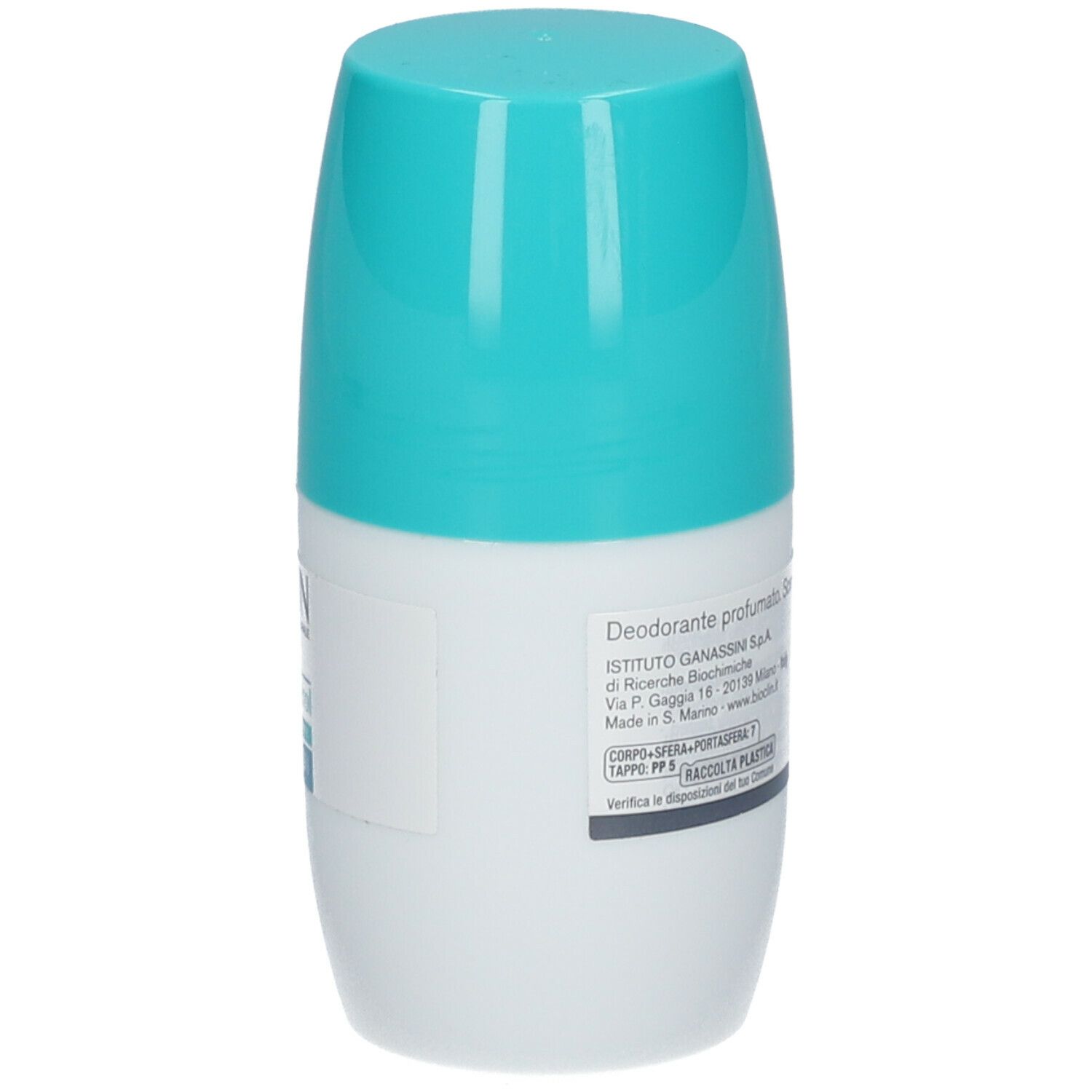 Déodorant roll-on Deo Control. Dos du flacon avec informations produit. Couleur turquoise et blanc.